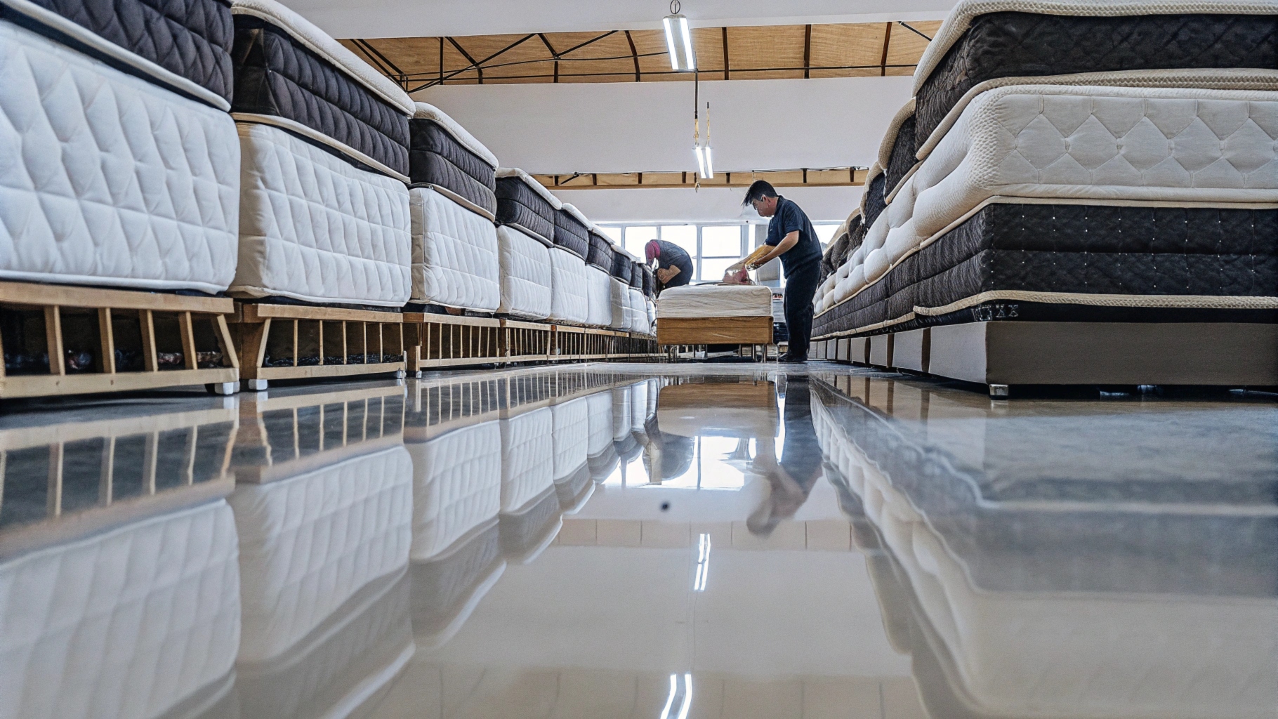 Workers organizing mattresses in a warehouse with a reflective floor.