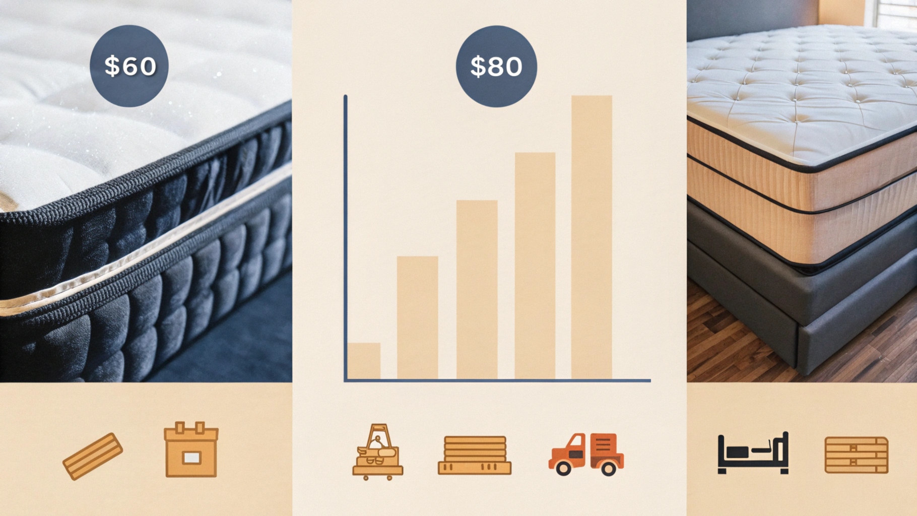 Mattress comparison chart showing prices, quality details, and supply chain icons for materials, production, and delivery.