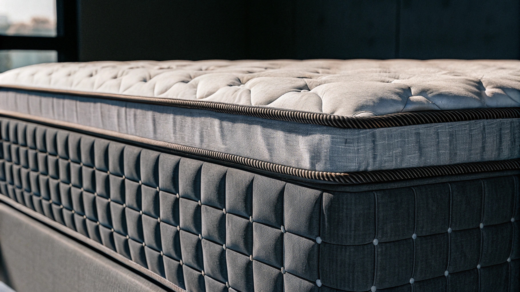 A close-up of a premium mattress with tufted top and quilted base design in soft lighting.