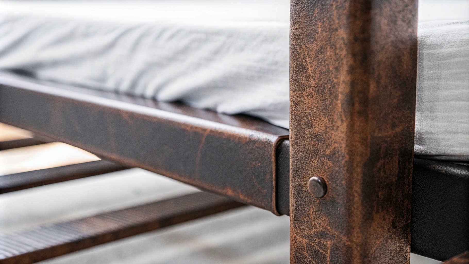 Close-up of a rustic metal bed frame with a white mattress.