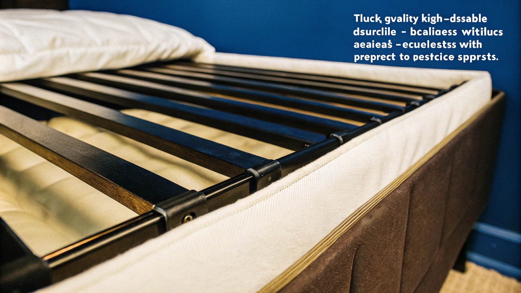 Close-up view of a sturdy bed frame with wooden slats and mattress base against a blue wall.