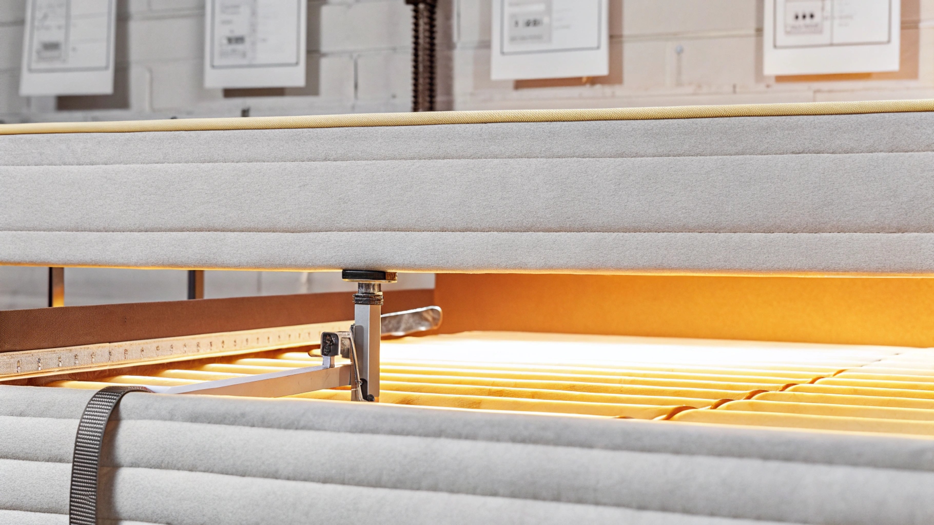 Bed frame with slats, fabric-covered structure, and measuring tool in a workshop.