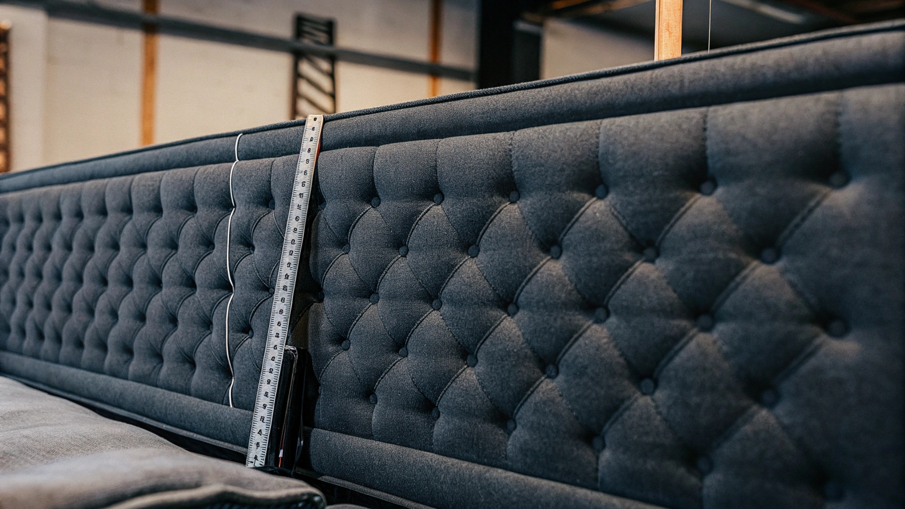 Close-up of a tufted upholstered headboard with a measuring tape.