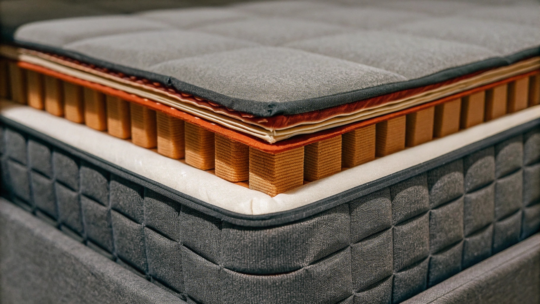 A close-up view of a premium mattress showing multiple layers of foam, padding, and support material.