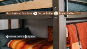 Close-up of a bunk bed with safety guidelines: guardrails, secure ladder, proper mattress fit, and warning for children under 6.