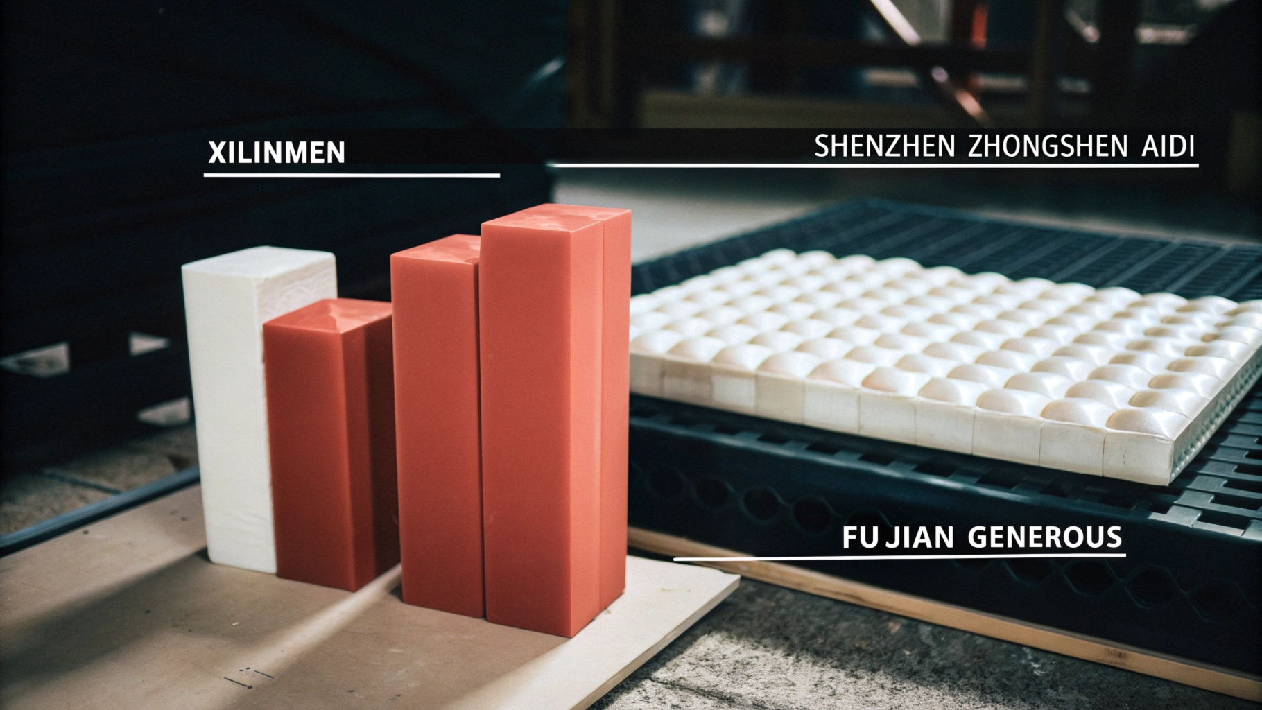 Foam and spring samples labeled Xilinmen, Shenzhen Zhongshen Aidi, and Fujian Generous.