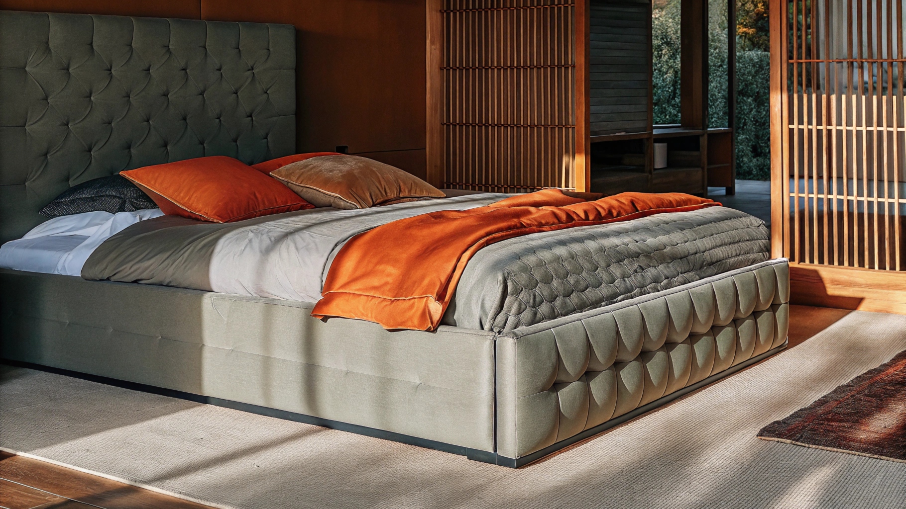 Modern bedroom with tufted bedframe, orange pillows, and natural light.