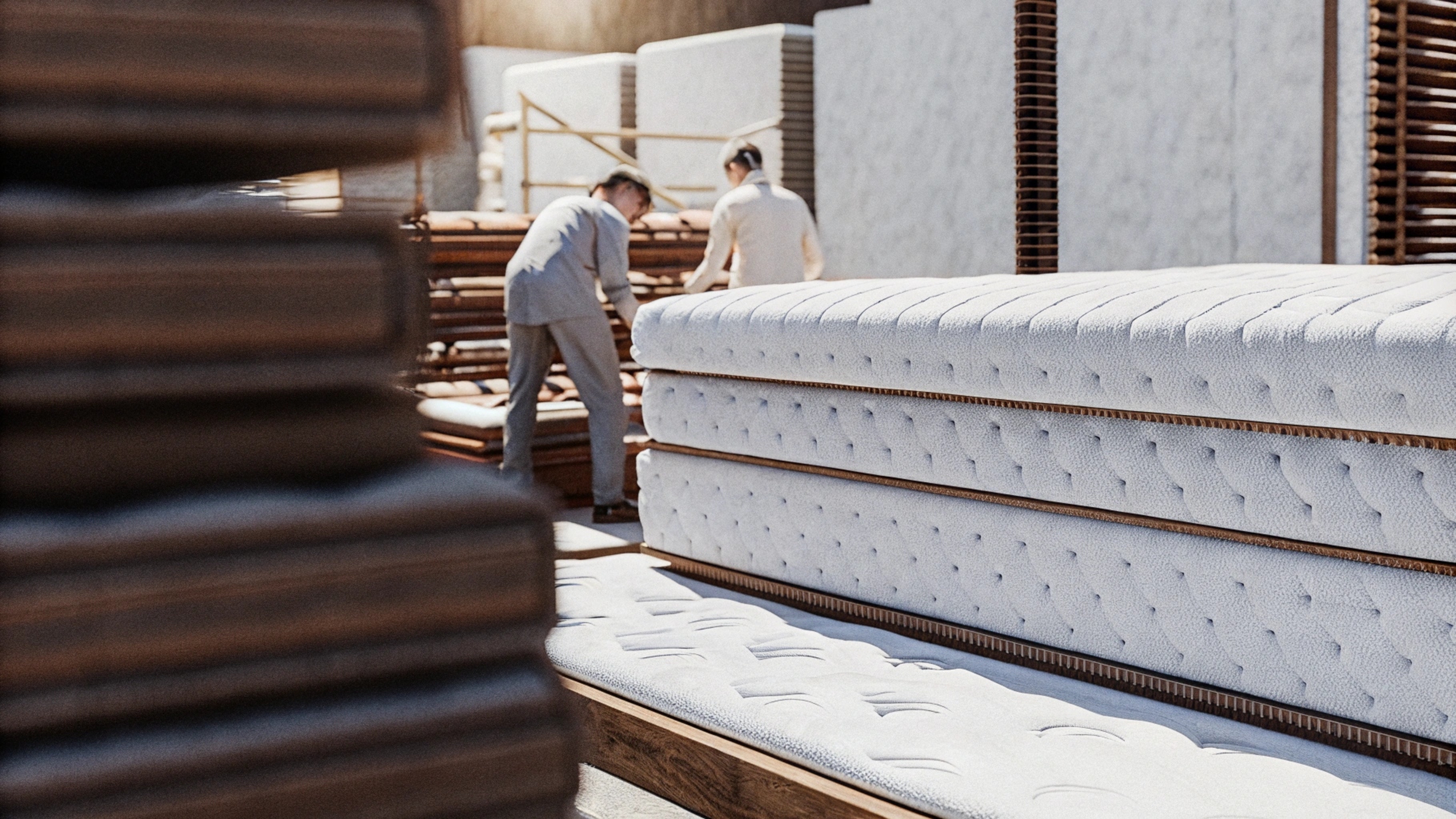 Workers assembling mattresses in a factory with stacked white mattresses and materials.