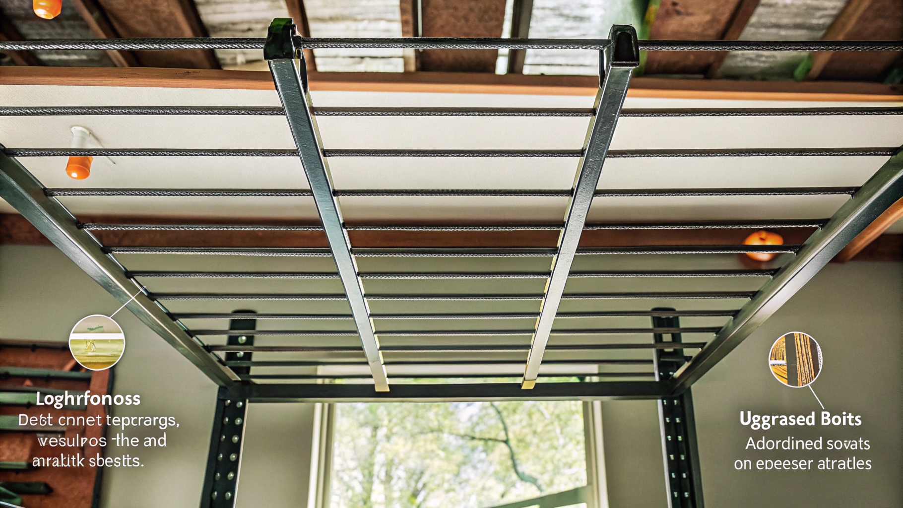 Metal bed frame with horizontal slats and labeled components in a room.