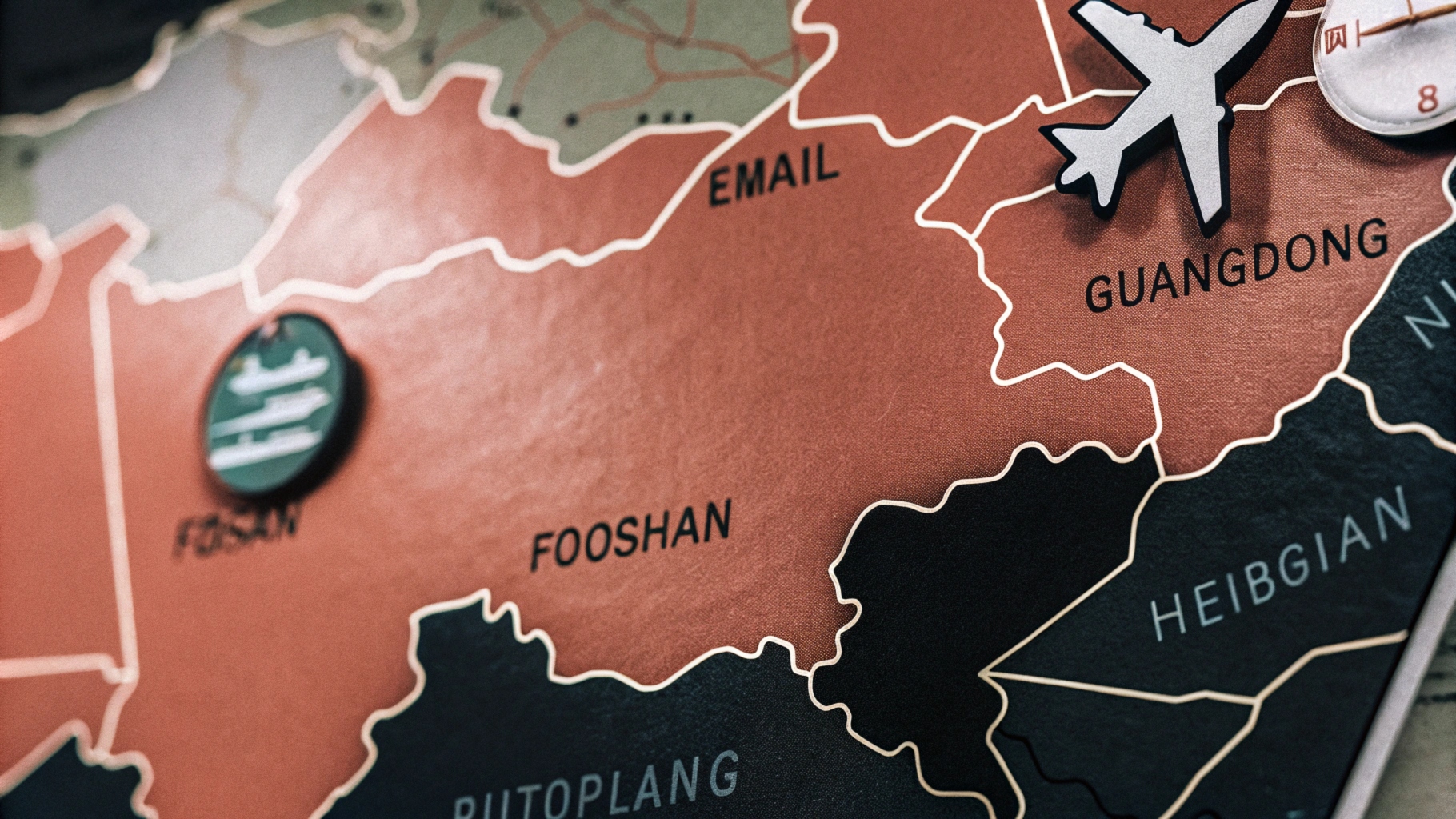 Close-up of a stylized map featuring Guangdong, Fooshan, and regions with an airplane icon.