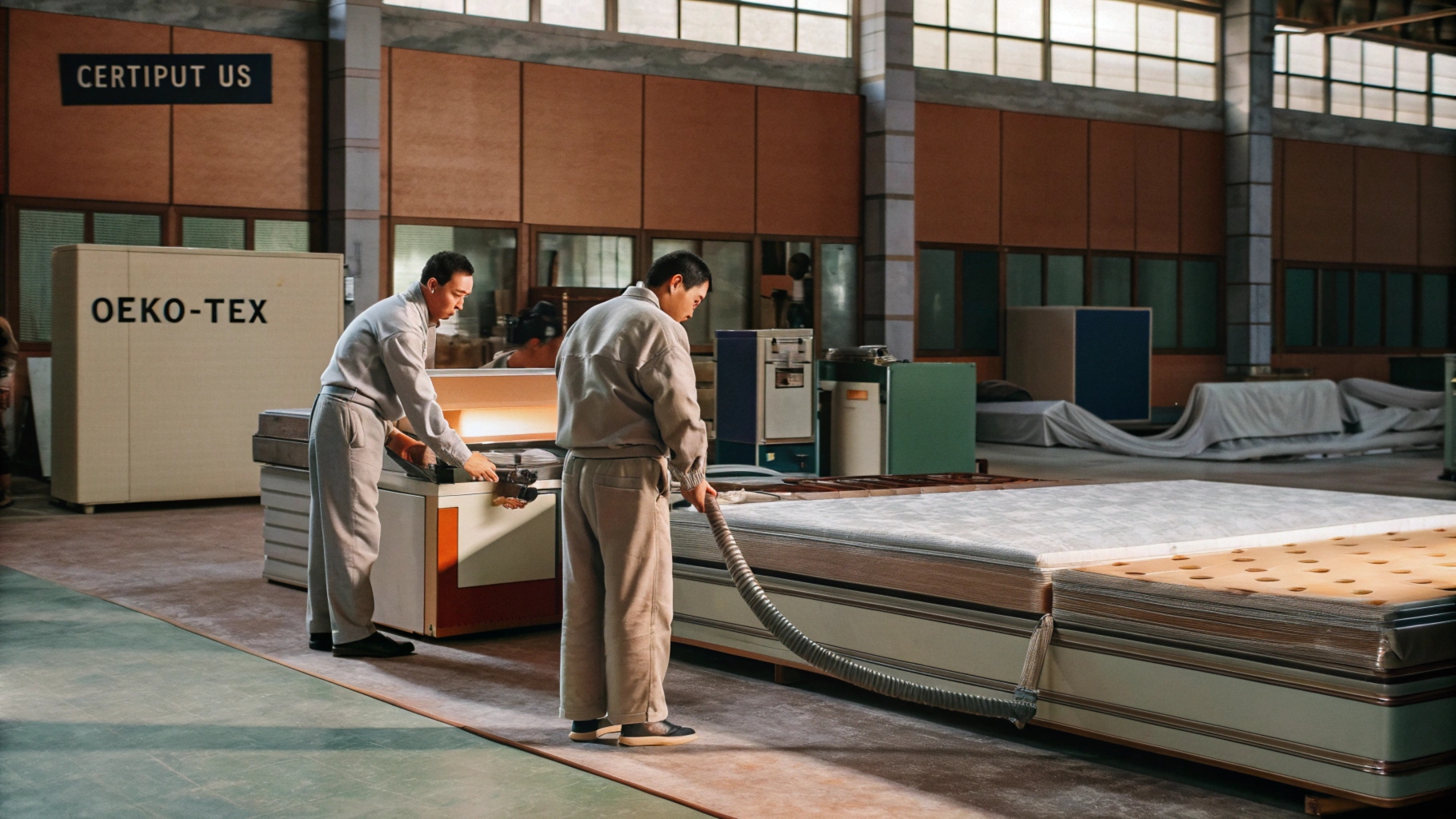 Two workers assembling a mattress in a factory using industrial machines, with OEKO-TEX certification signage visible in the background.