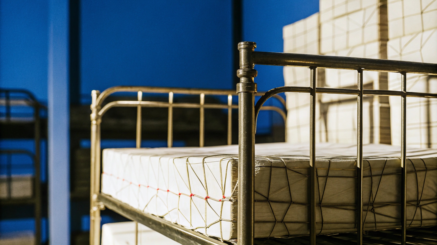 Close-up of a metal bed frame with a mattress, set against a blue background.