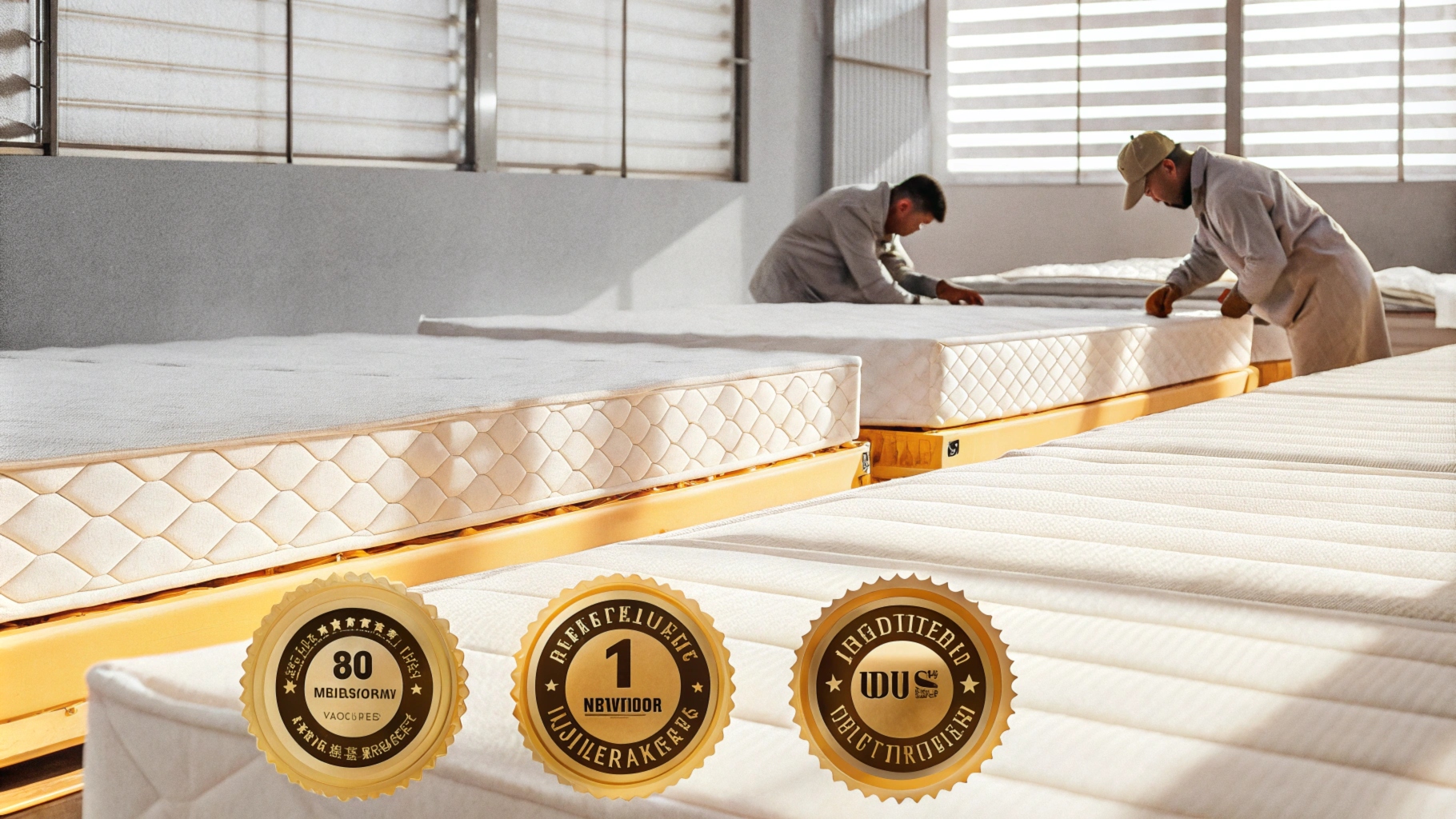 Workers inspecting and arranging mattresses in a brightly lit factory with certification seals displayed.