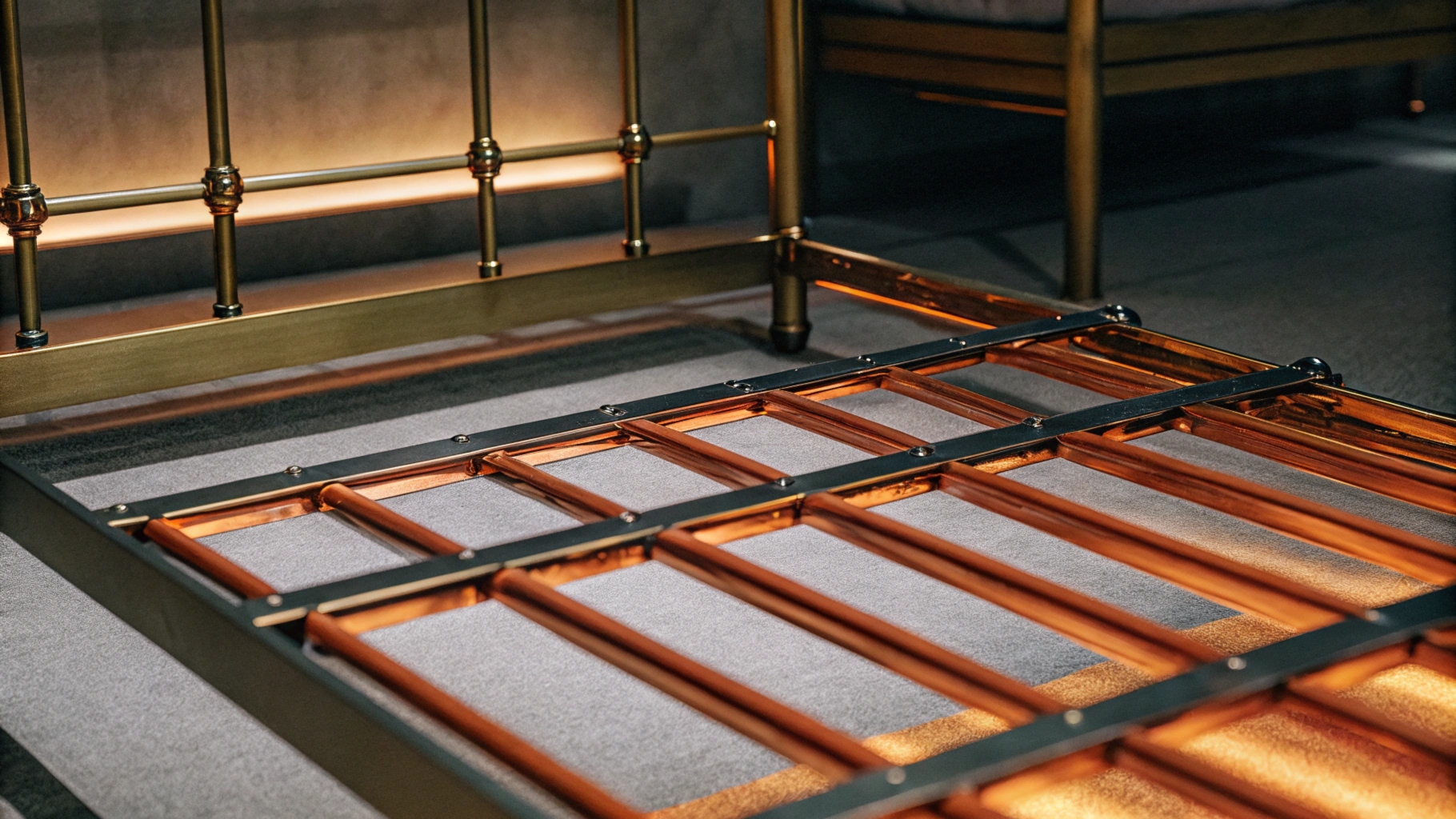 Close-up of a metal bed frame with golden and copper tones, highlighted by warm lighting.