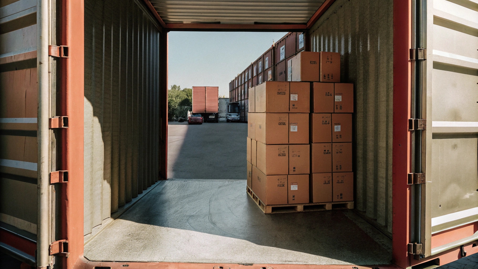 Stacked cardboard boxes on a pallet inside an open shipping container at a loading dock.