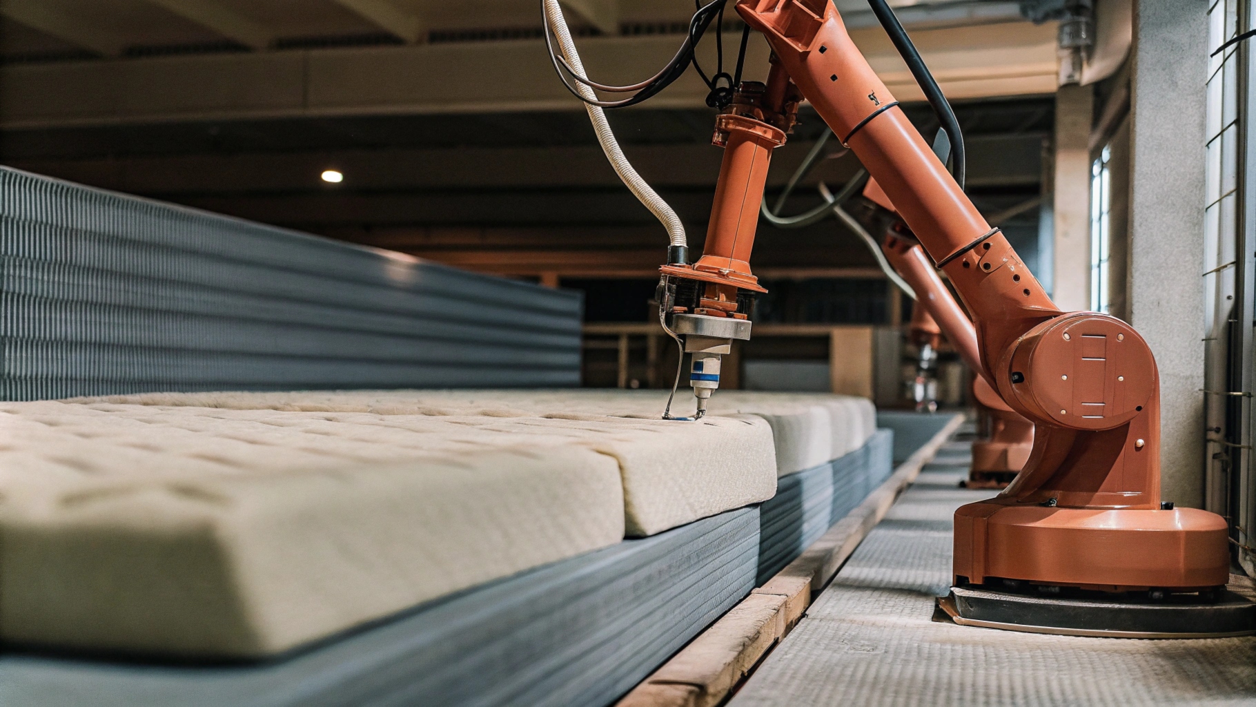 Industrial robot arm assembling mattresses in a factory setting.