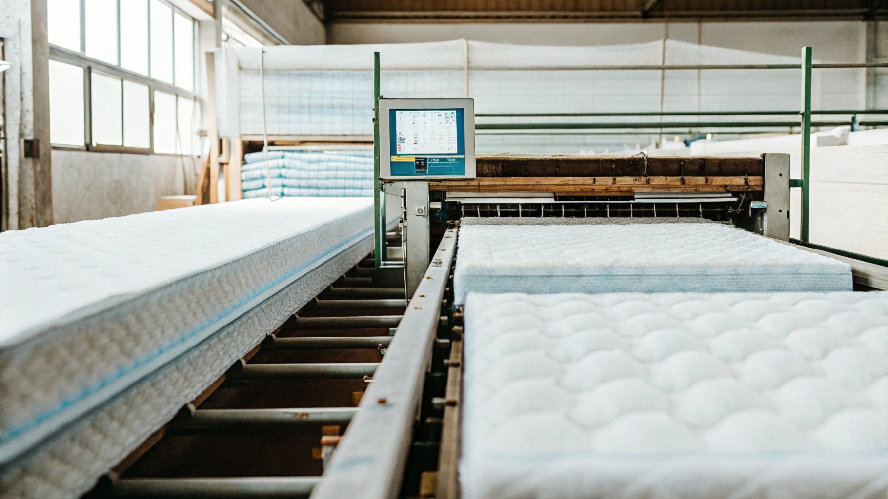 Factory machine producing mattresses on an automated conveyor system.