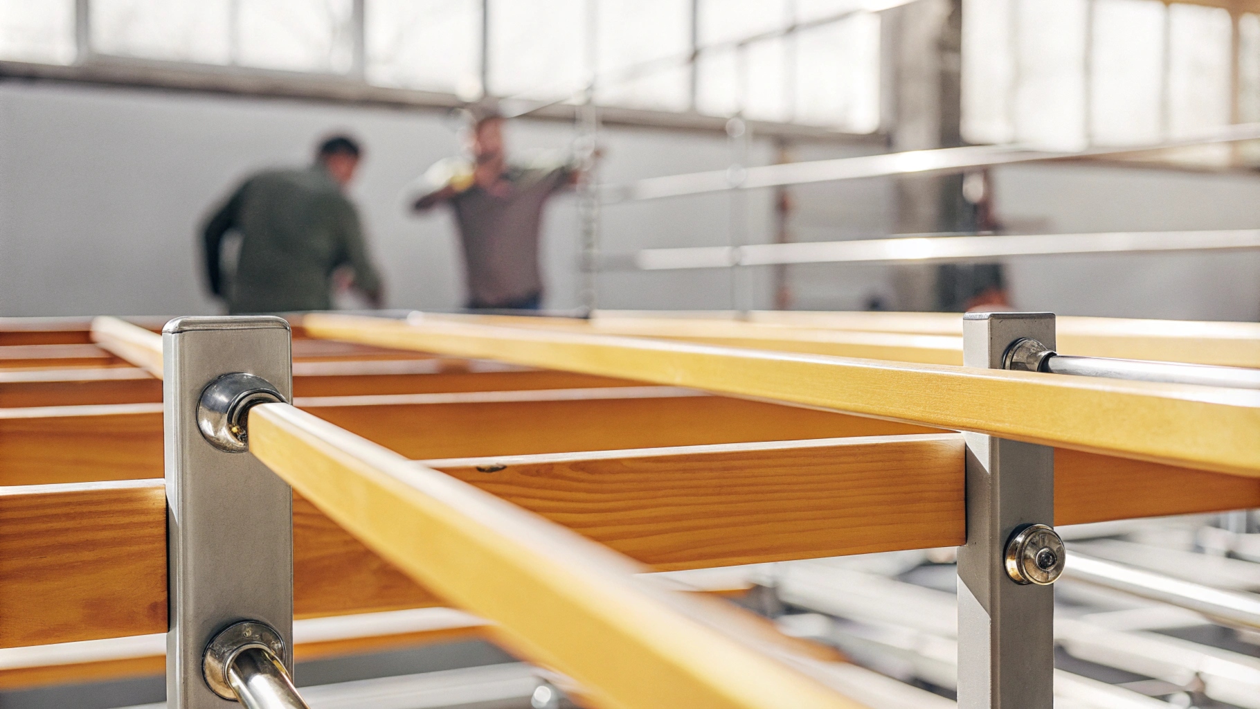 Close-up of a wooden and metal frame under construction with blurred workers in the background.