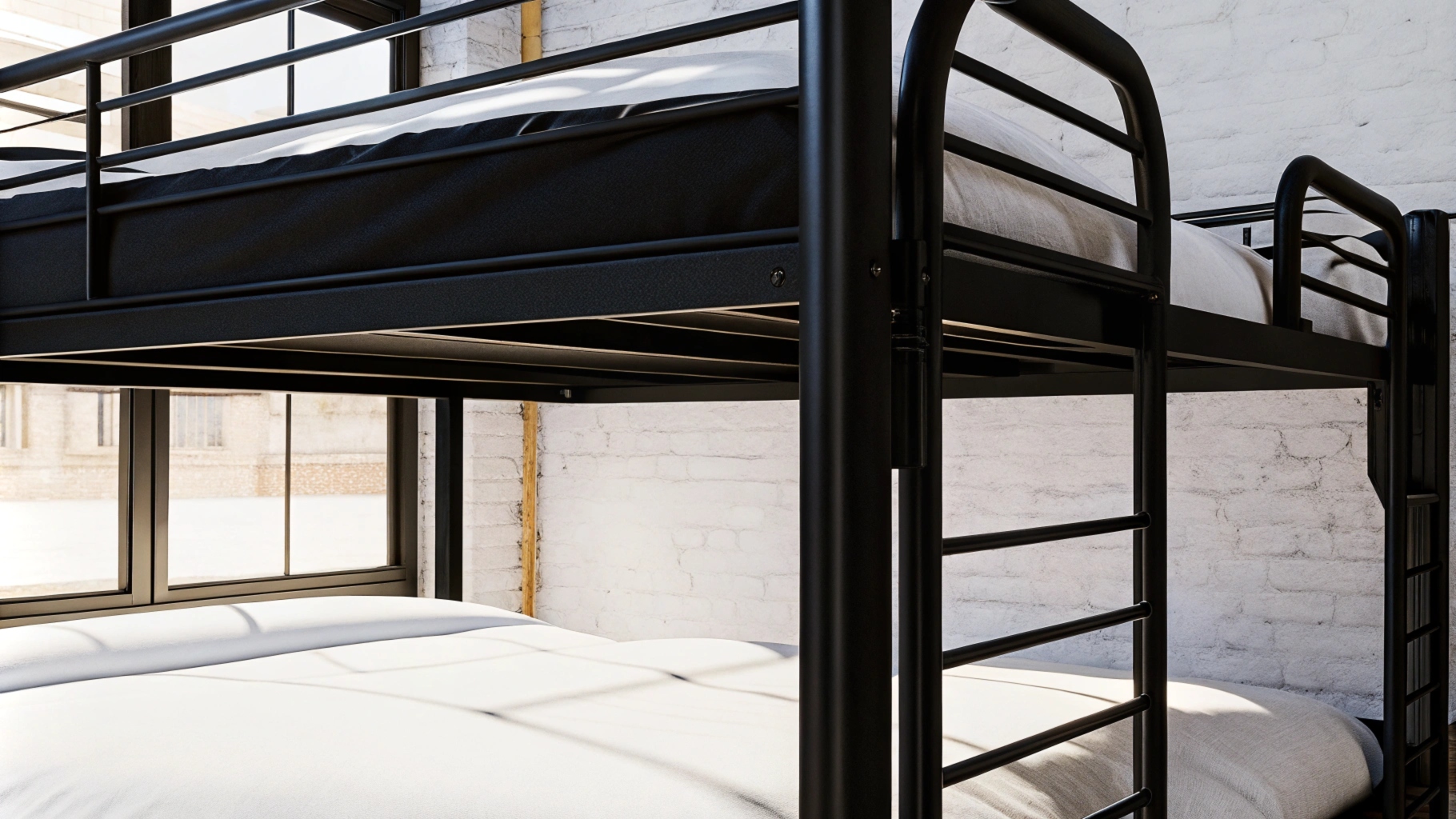 Black metal bunk bed with white bedding in a bright, minimalist room.