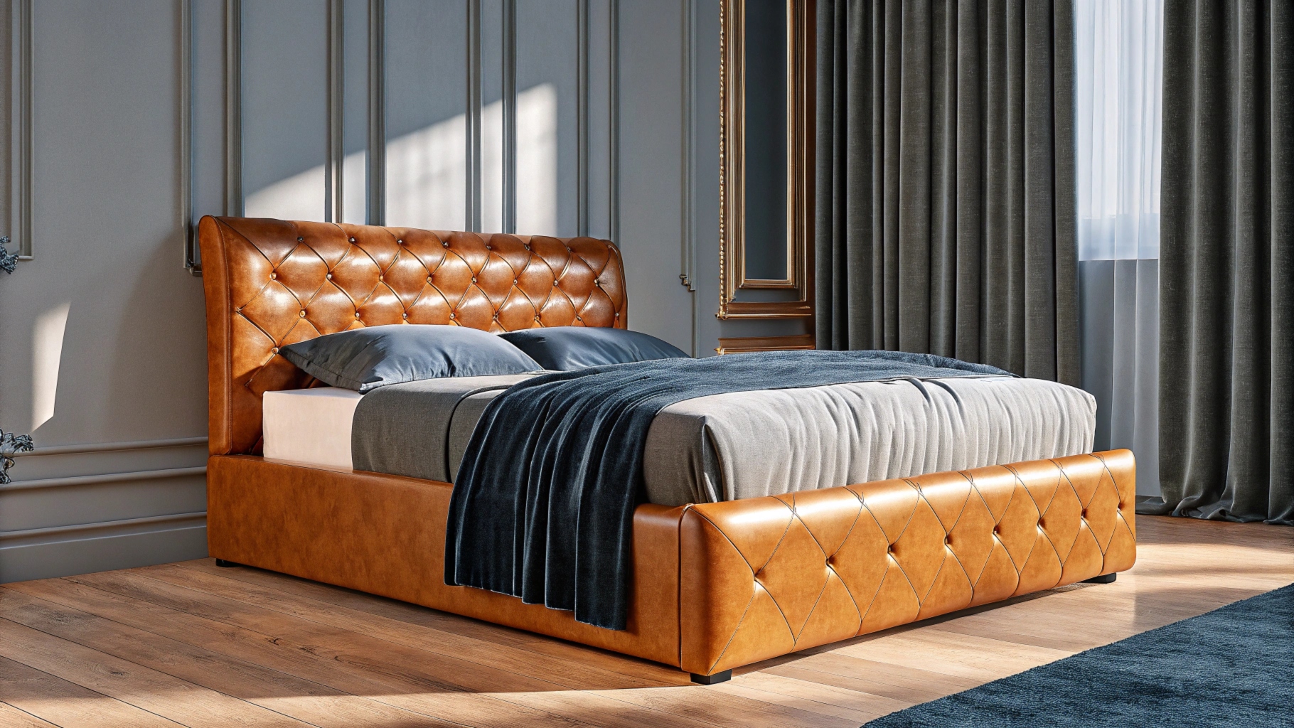 Elegant brown leather bed with tufted headboard, soft bedding, and dark curtains in a modern bedroom.