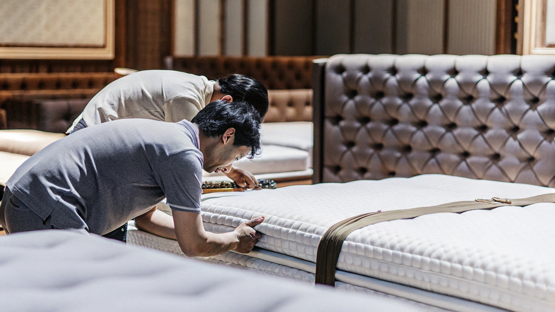 Two men closely examining the stitching and build quality of a mattress in a showroom.