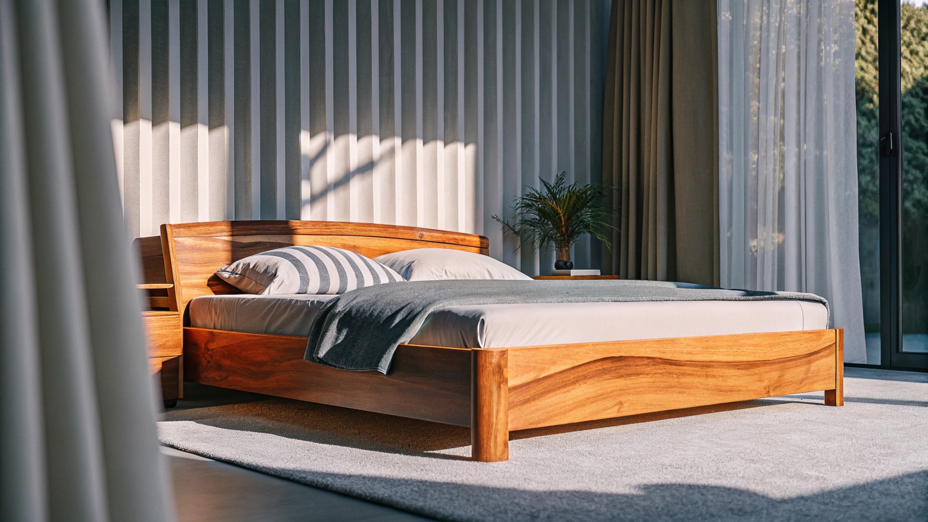 Modern wooden bed frame with striped bedding in a sunlit room.