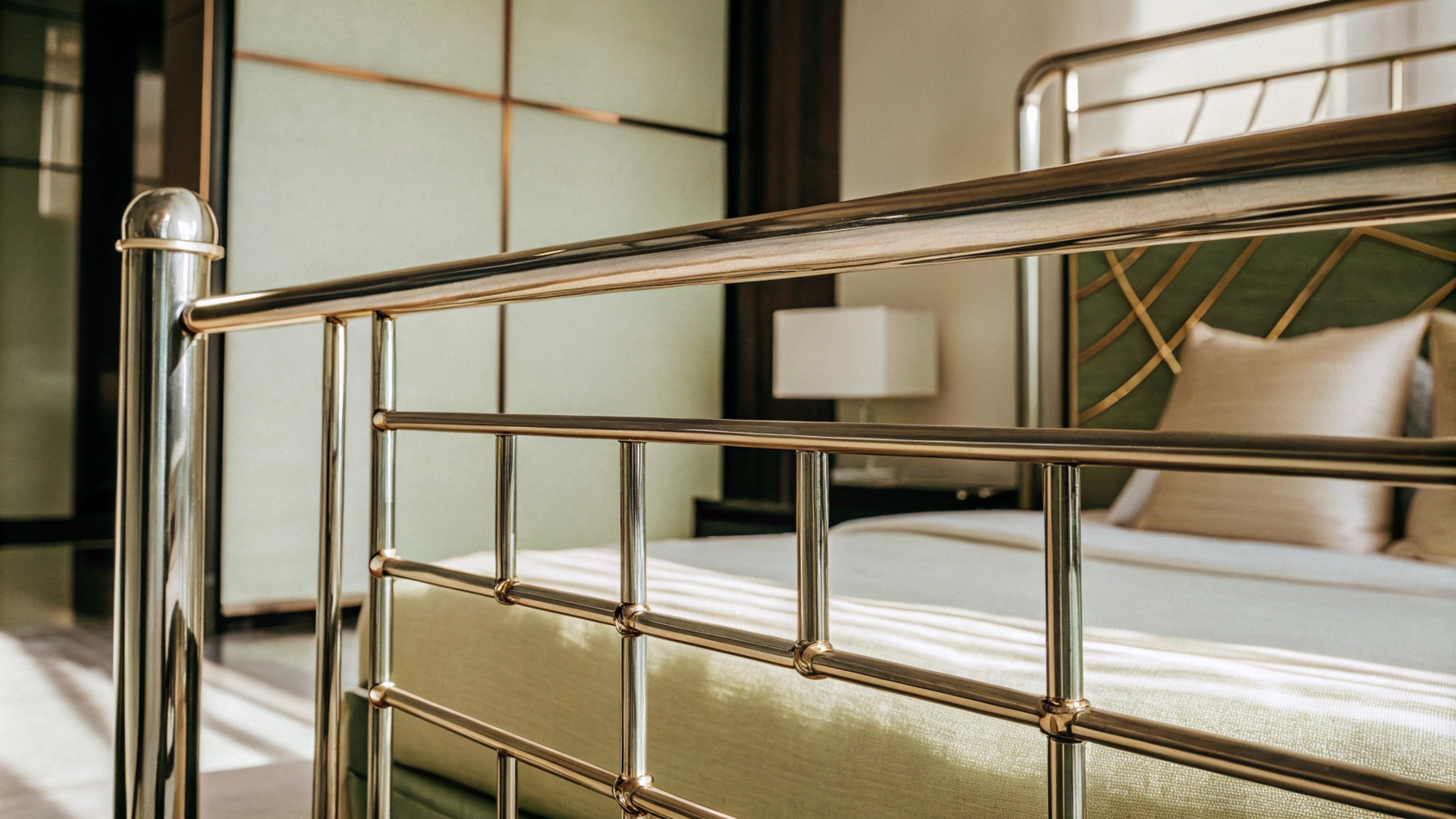 A shiny metal bed frame with a sleek design, green headboard, and soft beige pillows in a bright bedroom.