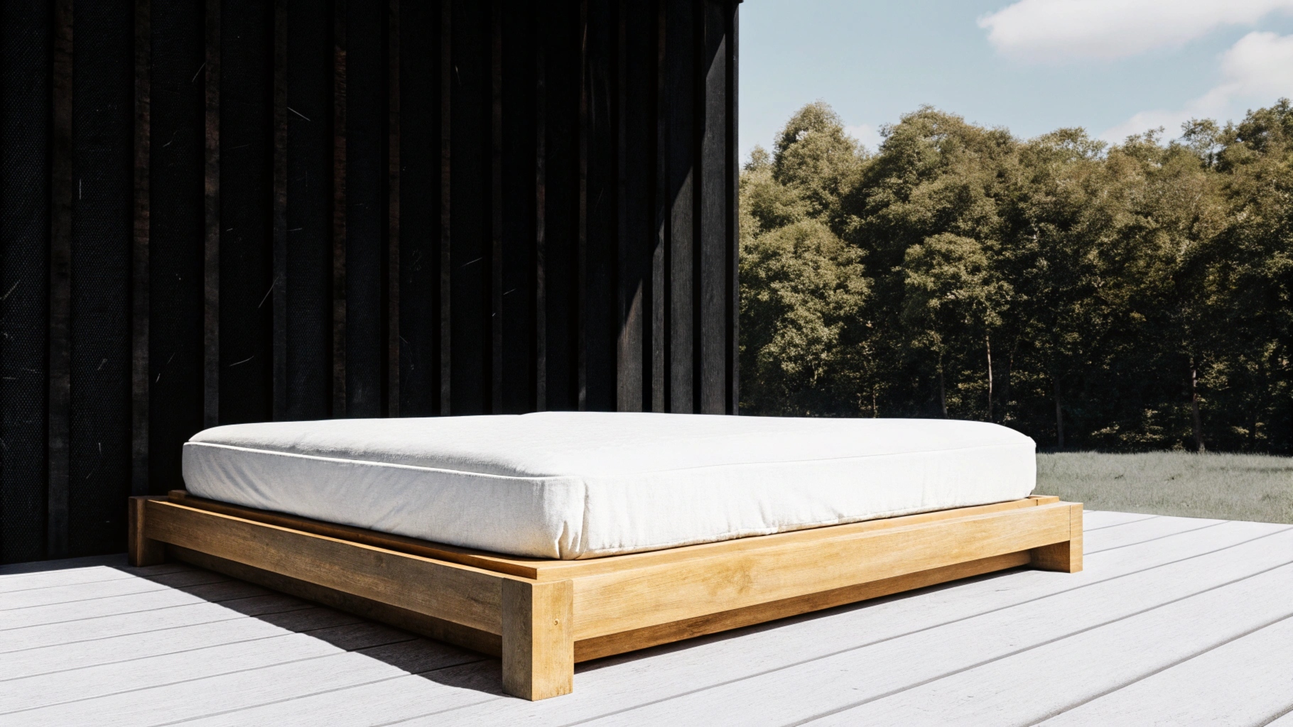 Minimalist wooden outdoor bed with white mattress on a deck surrounded by trees.