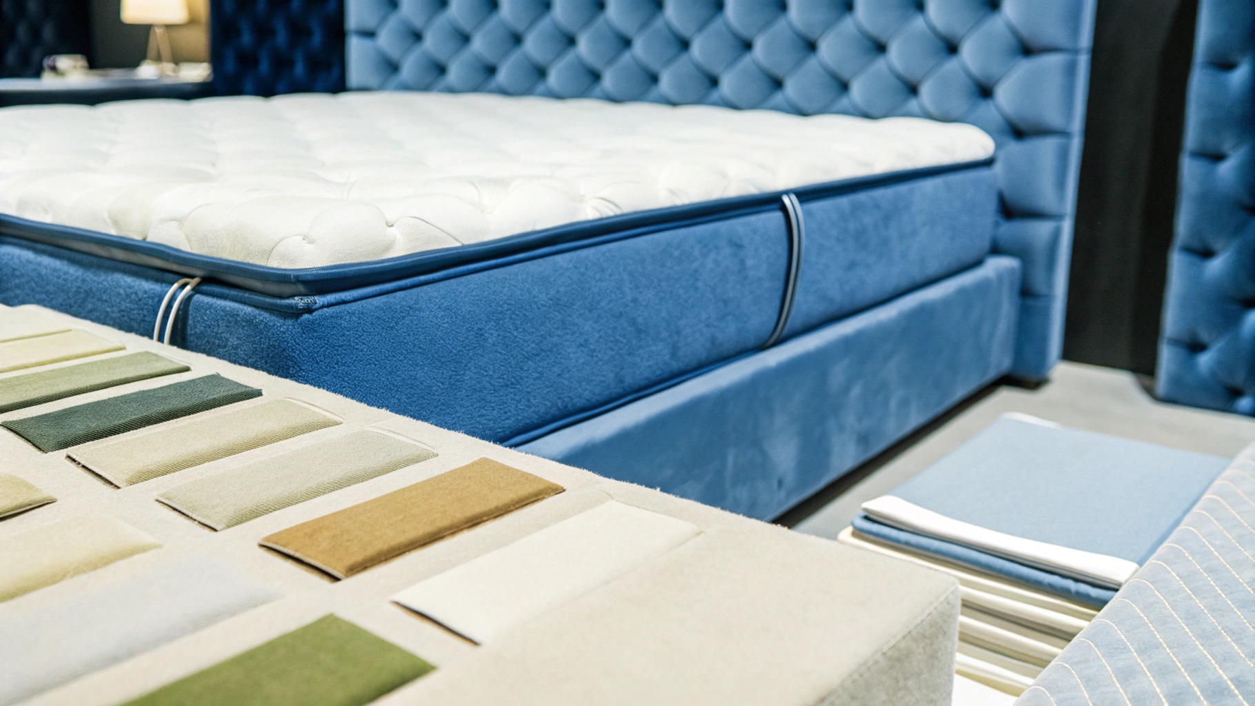 Blue upholstered bed with a tufted headboard and fabric swatches in various colors displayed in the foreground.