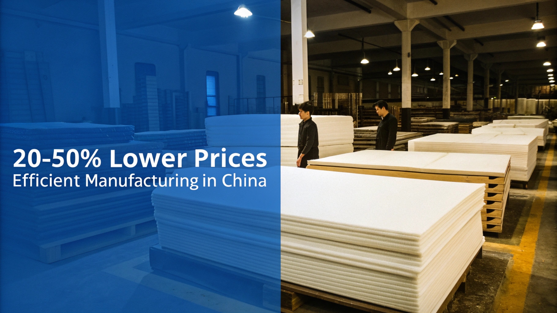 Workers inspecting stacked white foam sheets in a well-lit Chinese manufacturing warehouse.