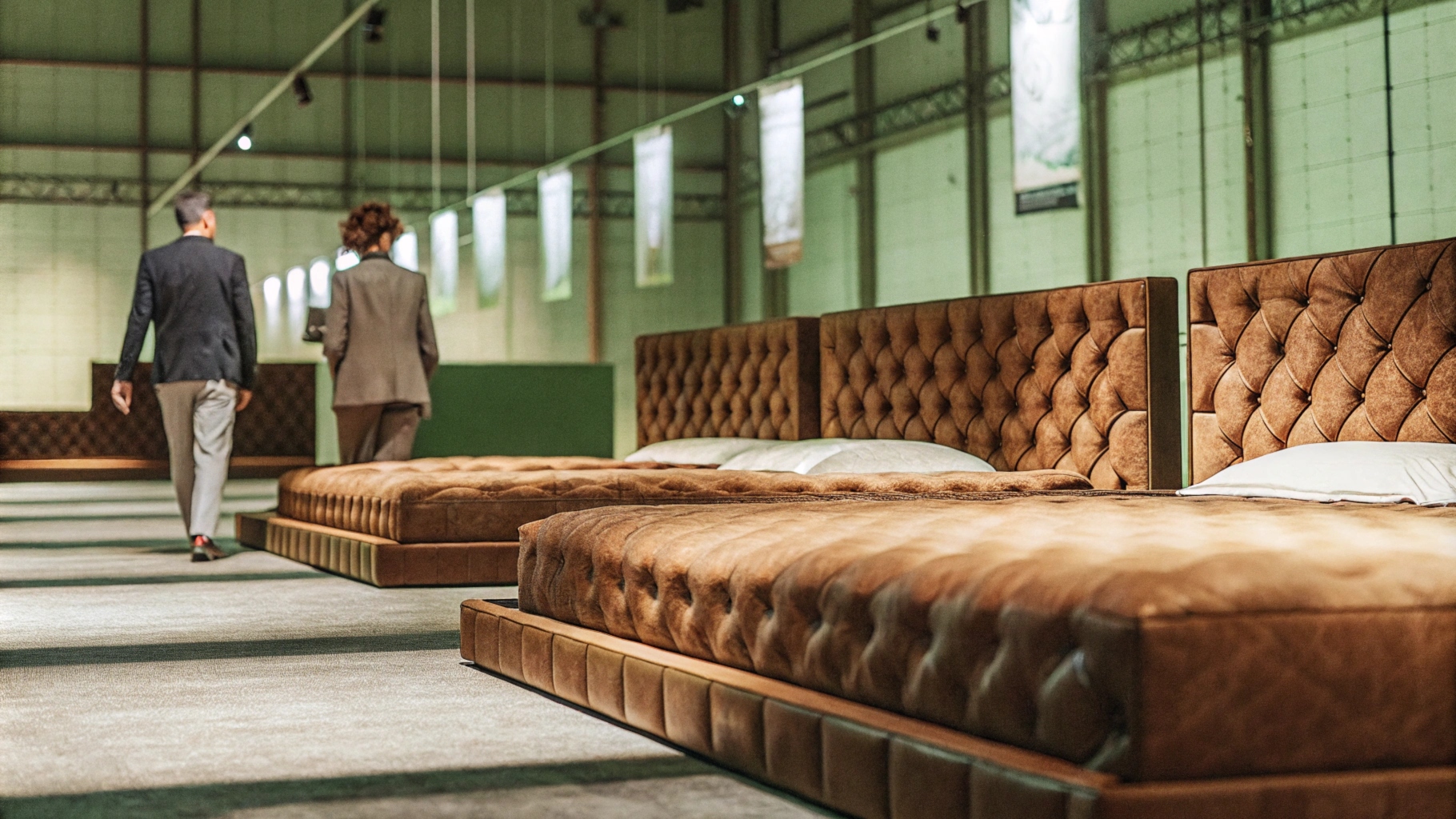 Rows of large brown tufted beds with soft headboards in a spacious showroom.