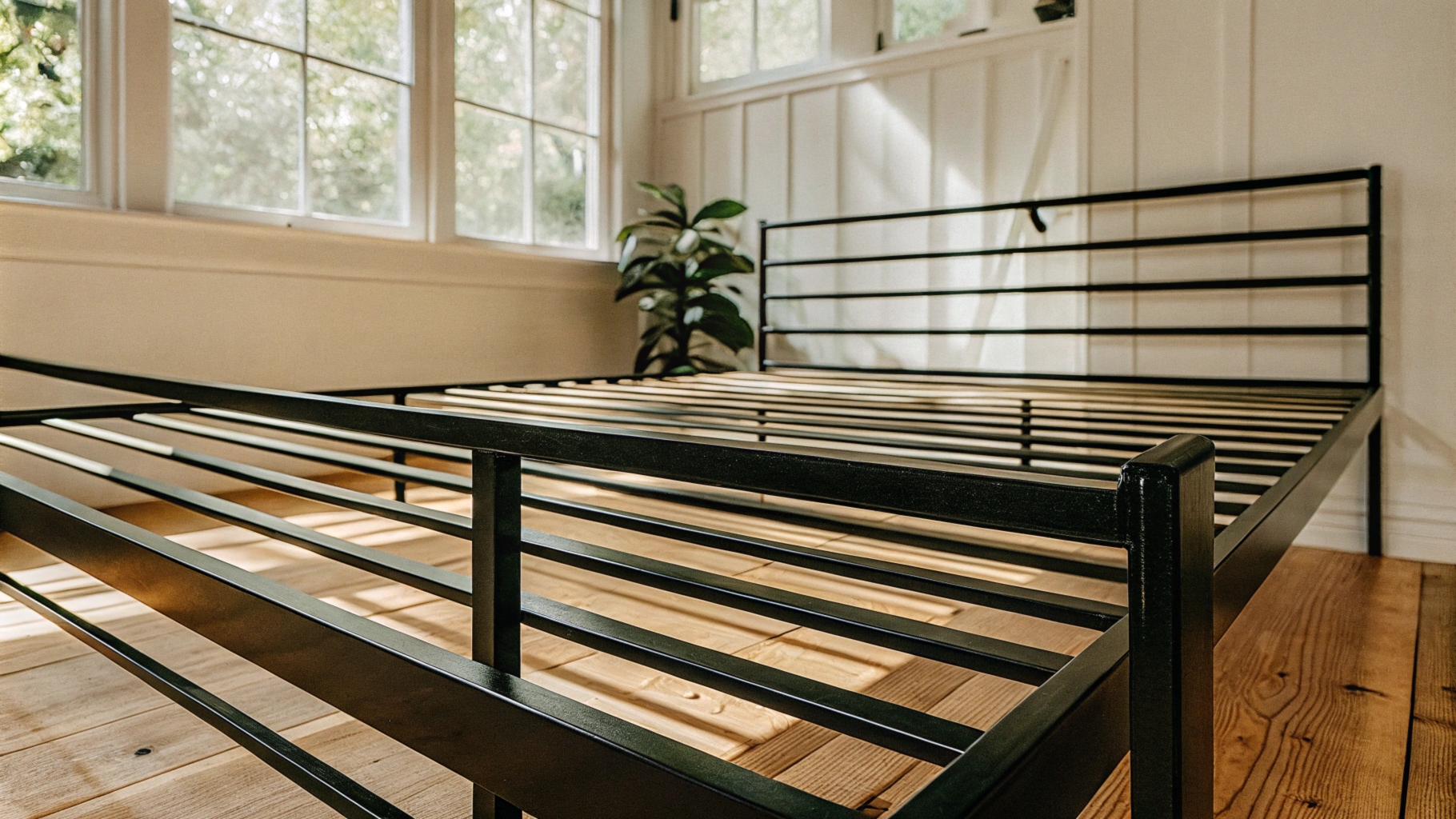 Black metal bed frame in a bright, cozy room with wooden floors.