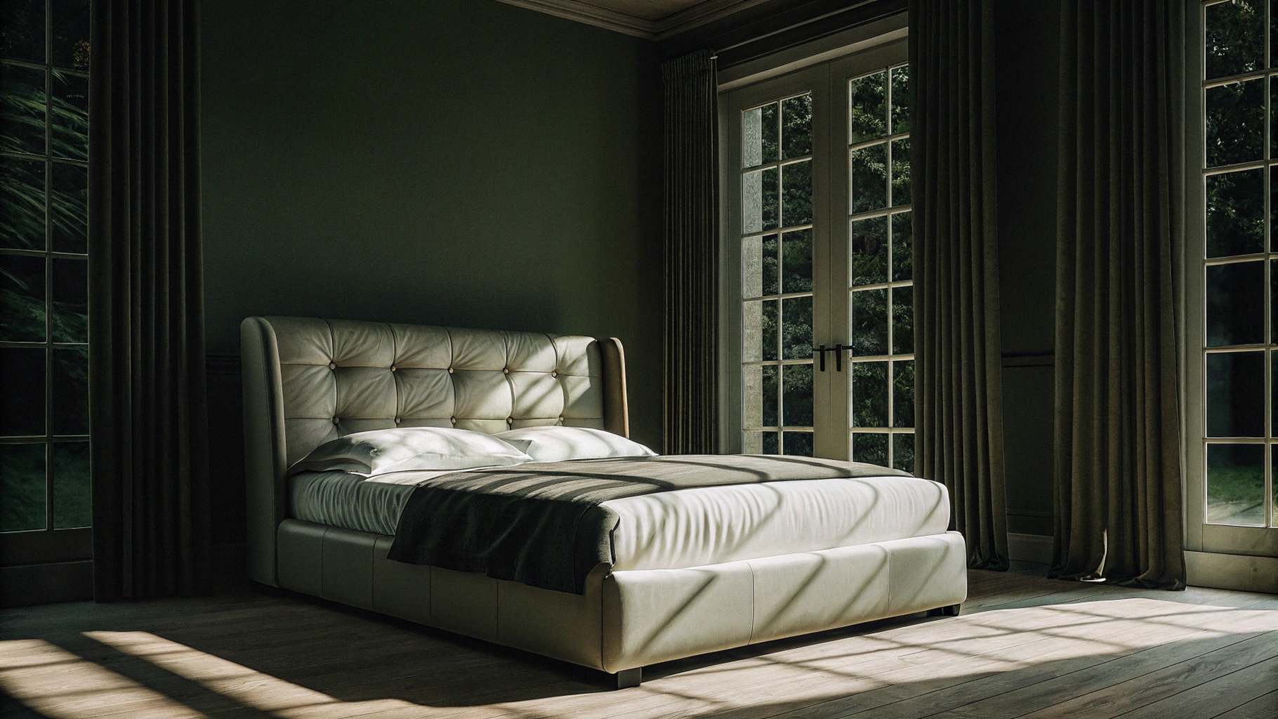 Minimalist bedroom with a white bed, green curtains, and natural sunlight streaming through large windows.