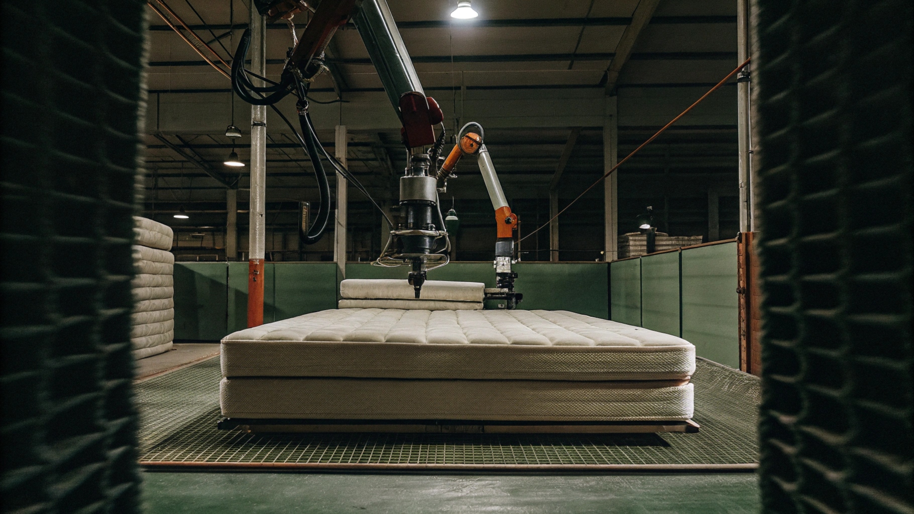 Robotic arms assembling mattresses in a factory setting.