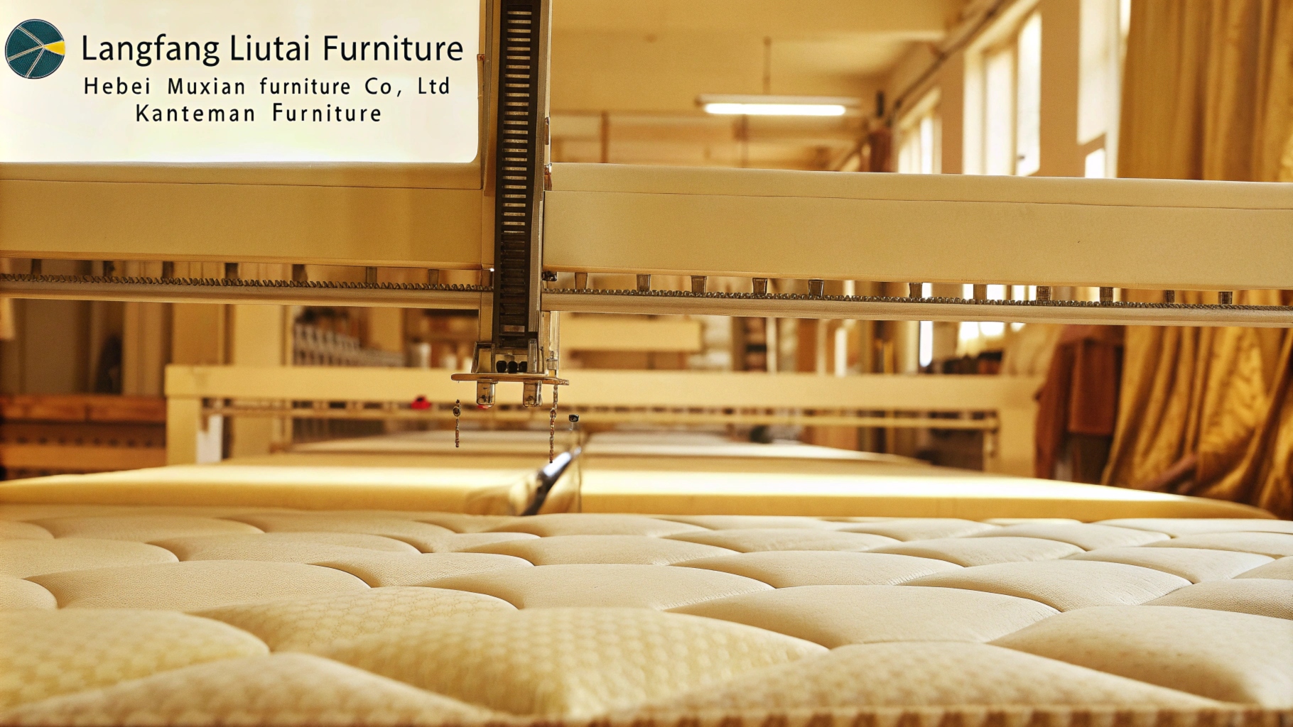  Industrial mattress stitching machine in a furniture factory producing high-quality mattresses.