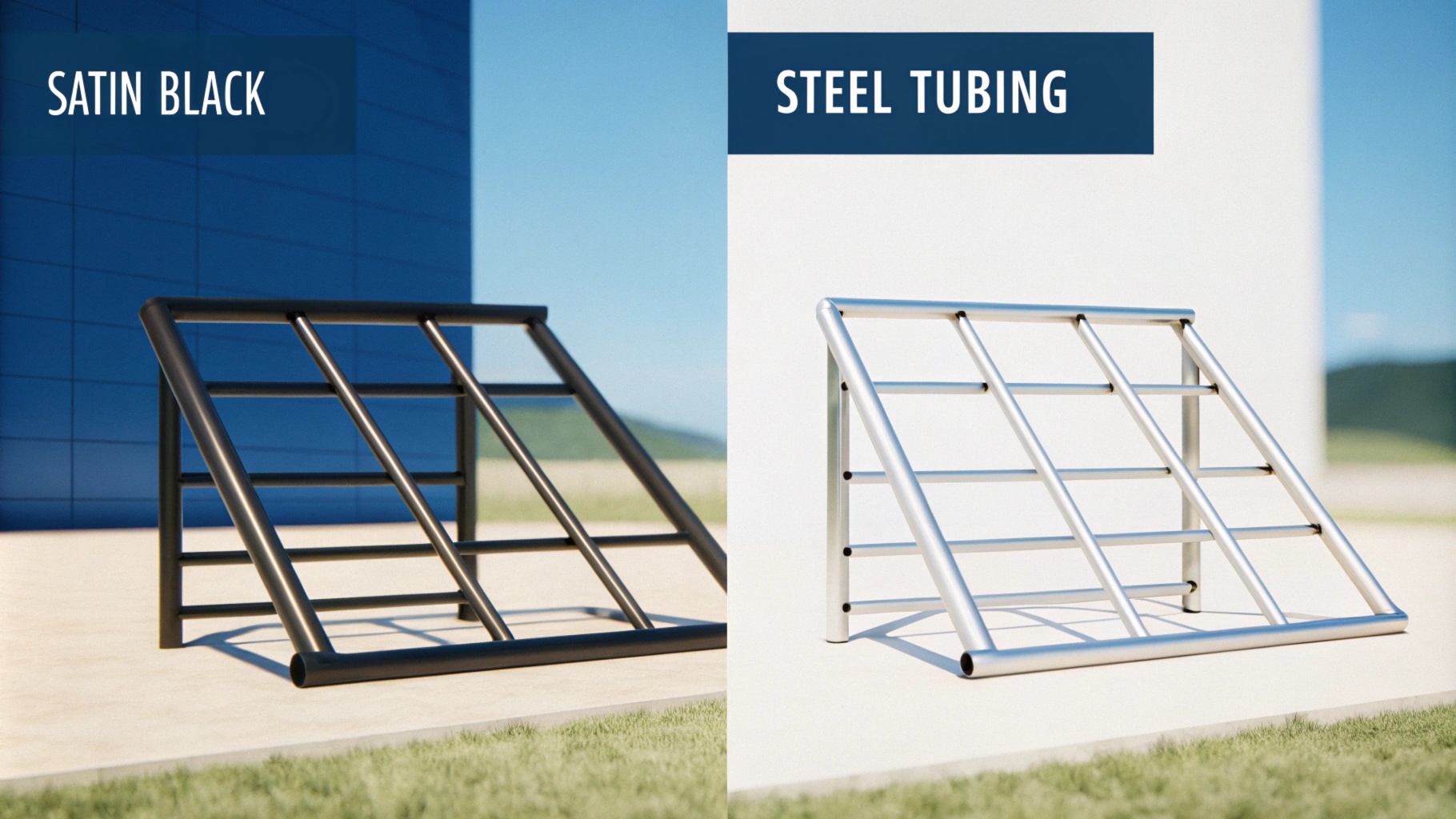 Comparison of satin black and steel tubing metal frames outdoors.