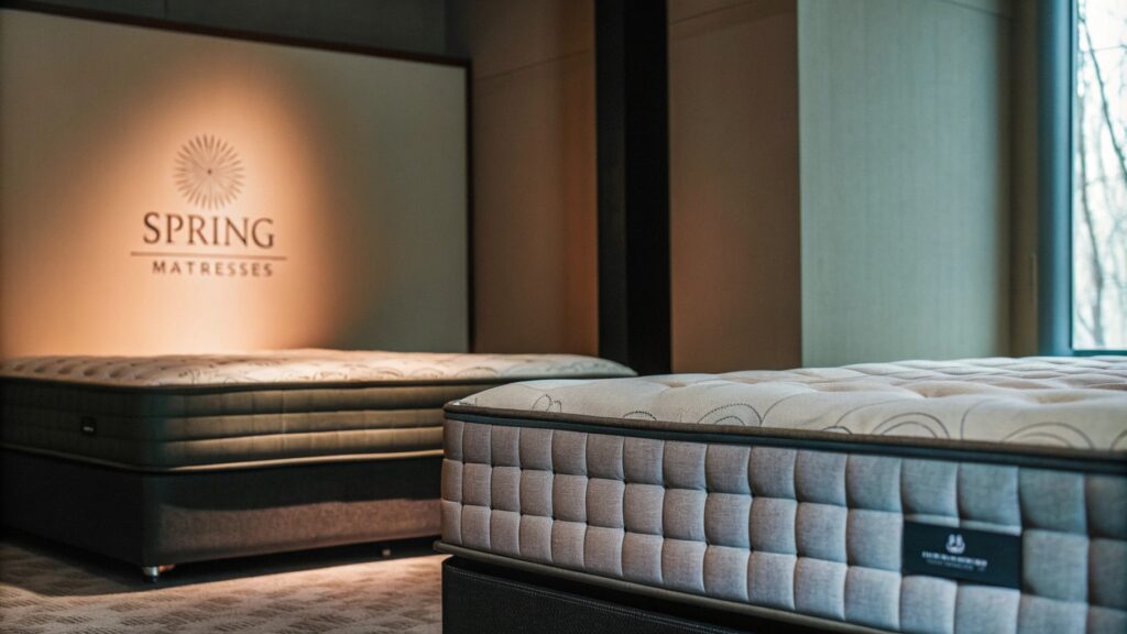 Two luxury spring mattresses displayed in a showroom with soft lighting.