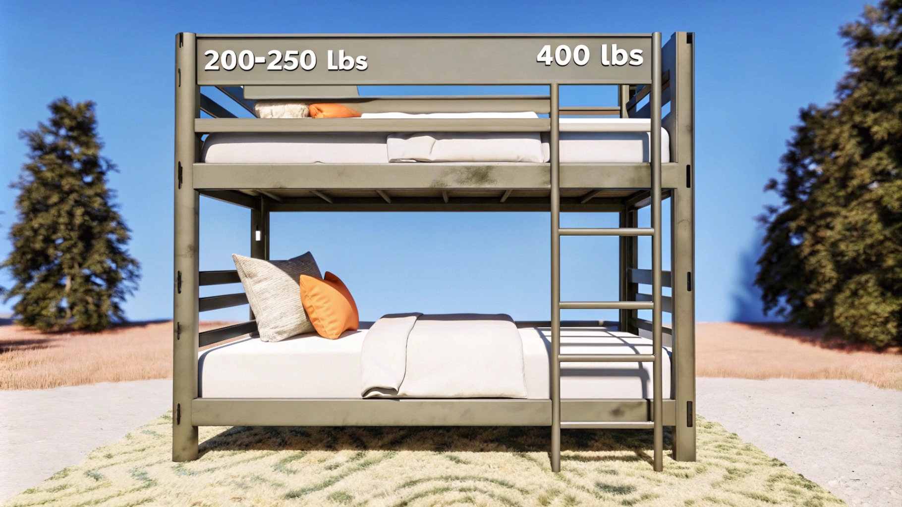 Modern bunk bed with weight limits, 200-250 lbs on top and 400 lbs on bottom, featuring pillows and blankets.