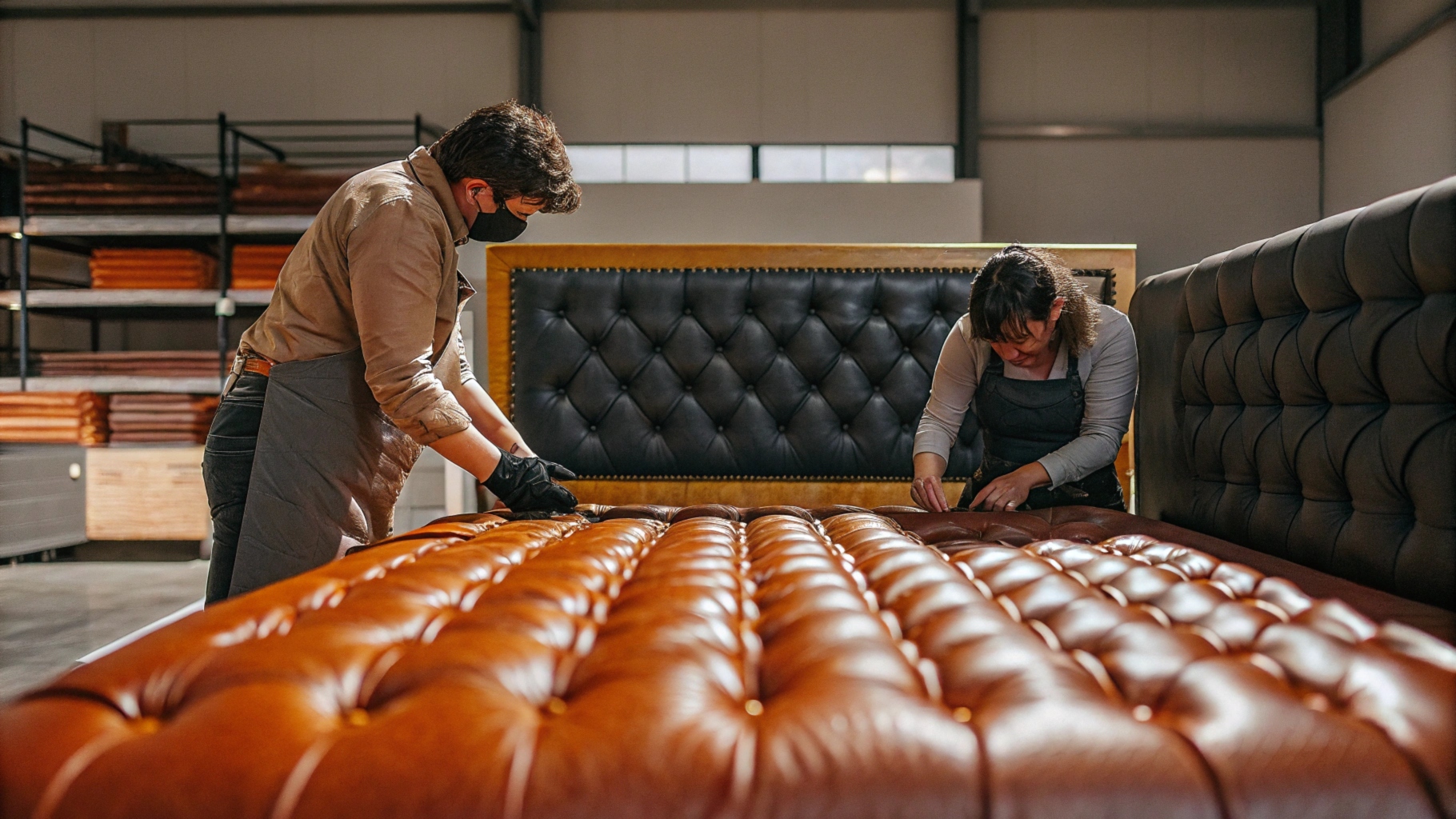 Two artisans working on tufted leather furniture in a workshop with shelves and materials.