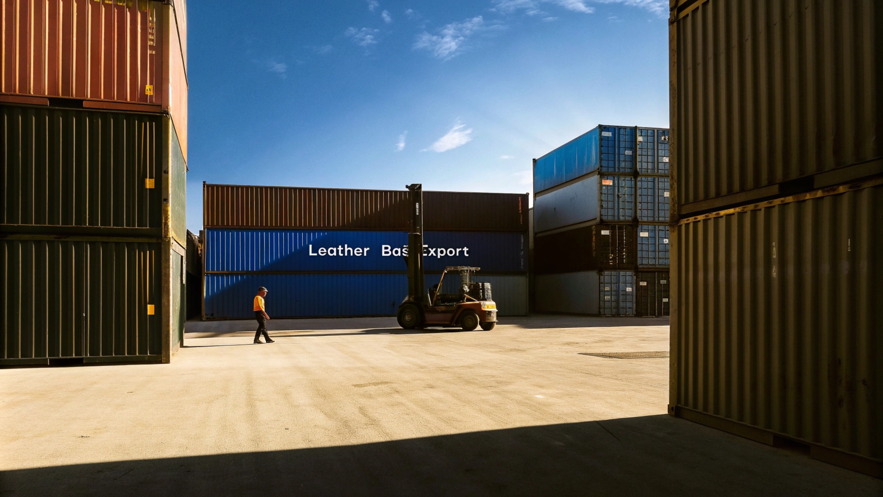 Forklift and worker near stacked shipping containers under clear blue sky.