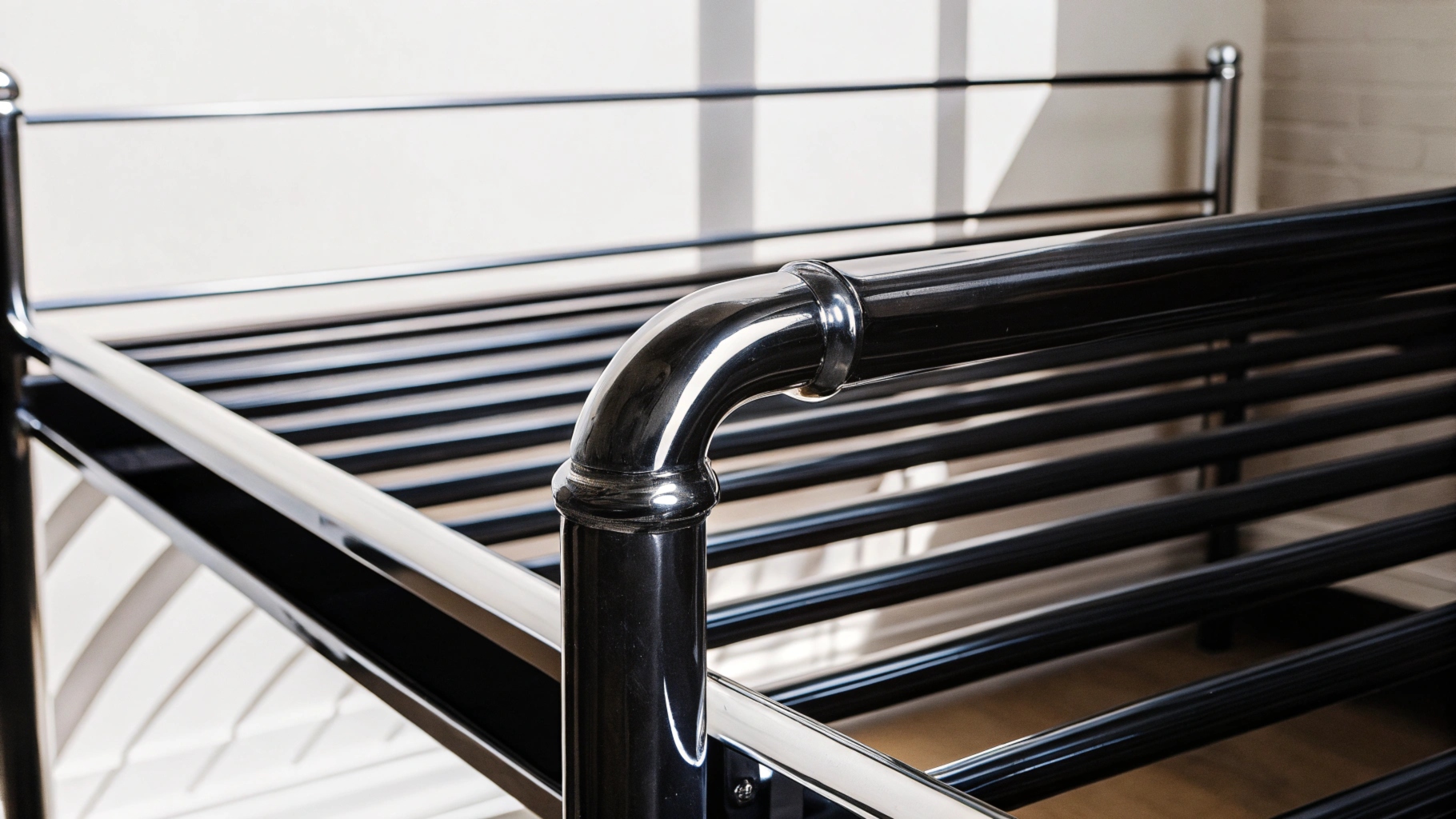 Close-up of a black metal bed frame with a glossy finish.