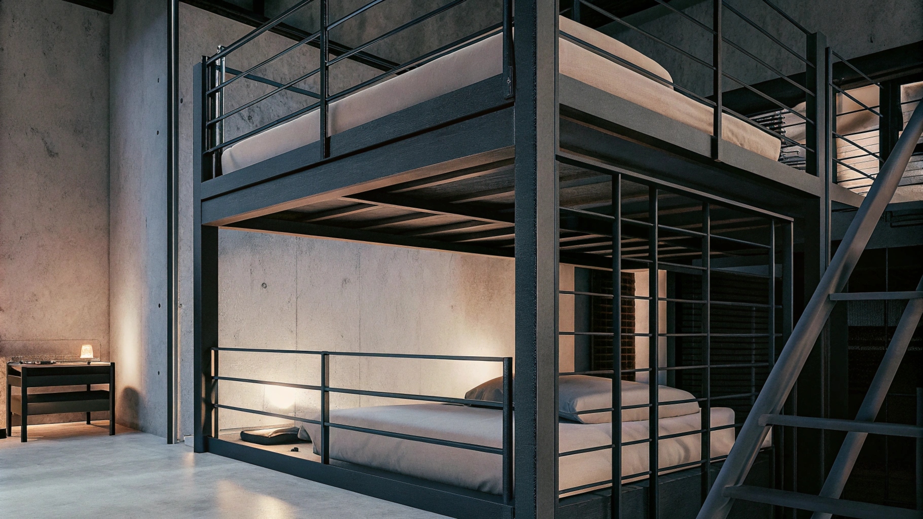 Stylish double-deck bunk beds with metal frames in a minimalist industrial bedroom design.