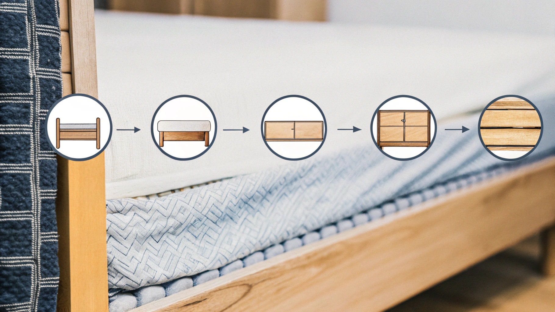 Wooden bed frame assembly process with step-by-step visuals.