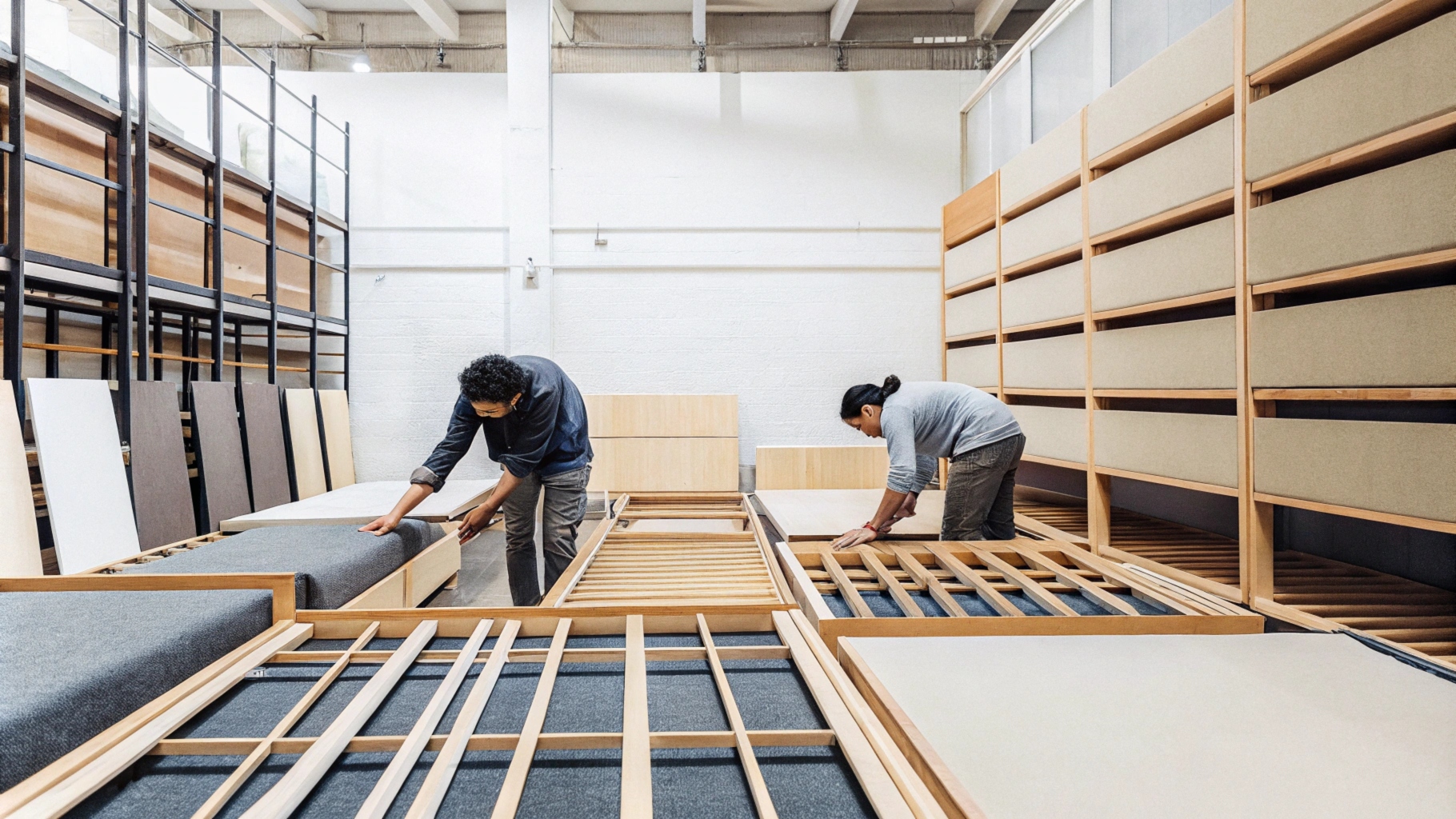 Two workers assembling wooden furniture frames in a workshop with shelves and tools.