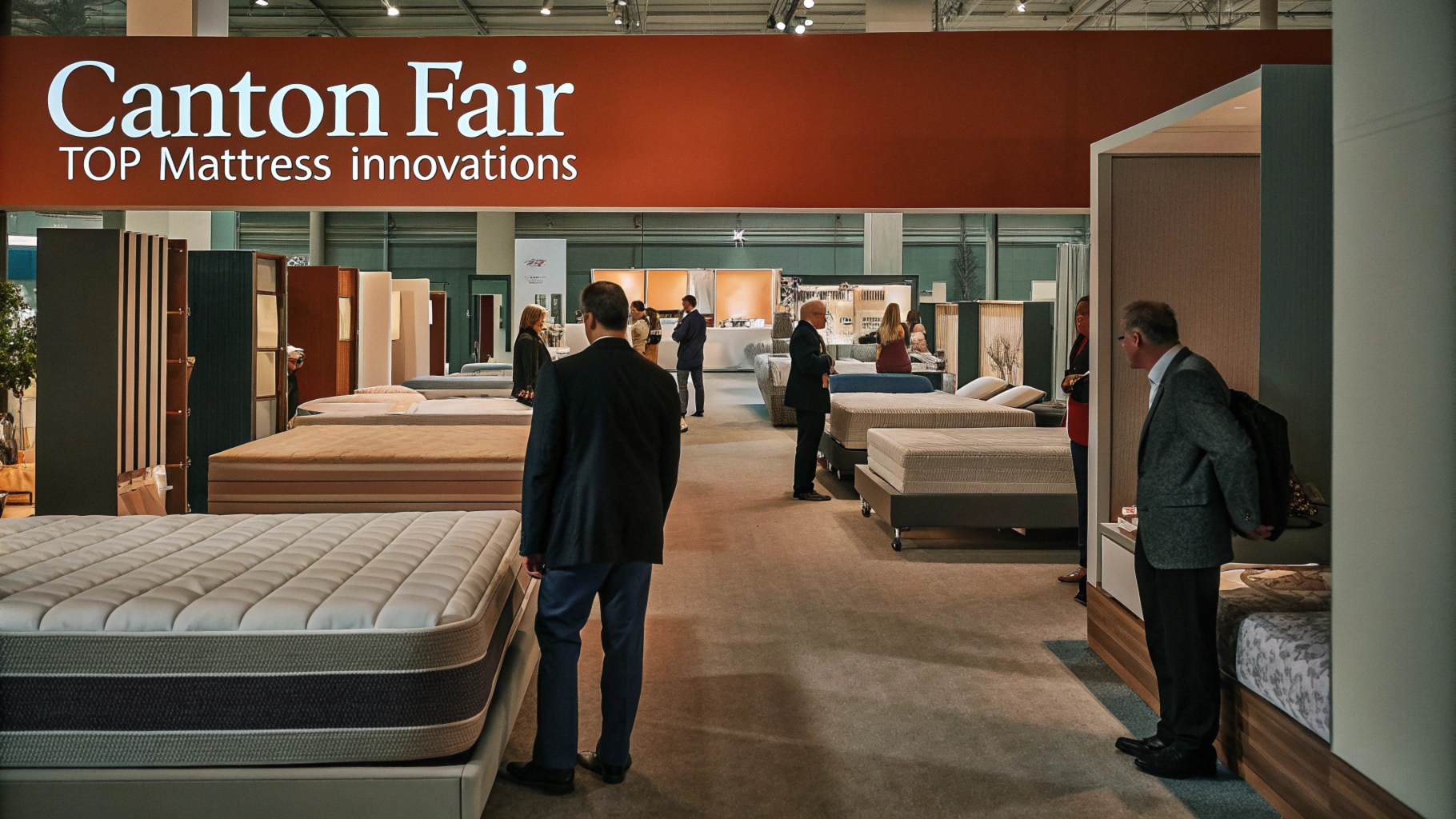 Canton Fair showcasing top mattress innovations with various models and visitors exploring.