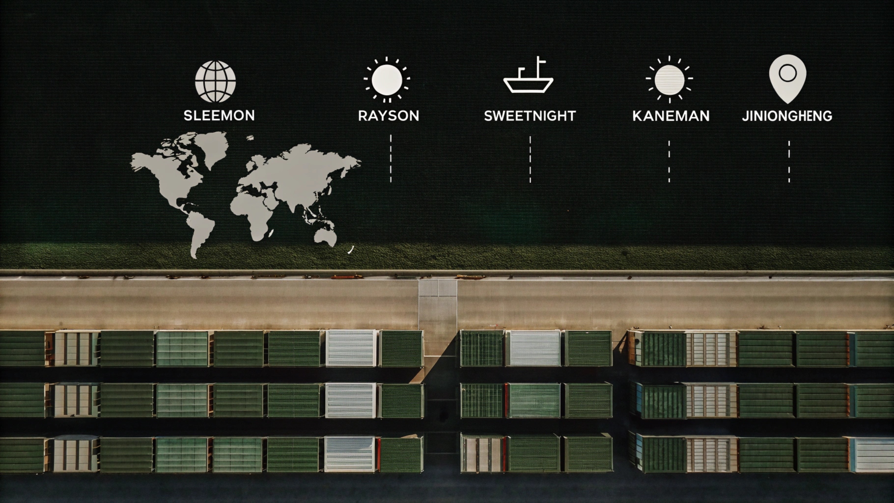 Aerial view of shipping containers and global mattress brands: Sleemon, Rayson, Sweetnight, Kaneman, and Jinlongheng.