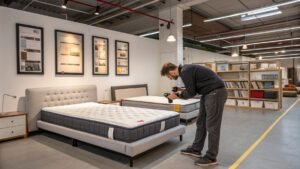 Photographer capturing modern beds in a furniture showroom.