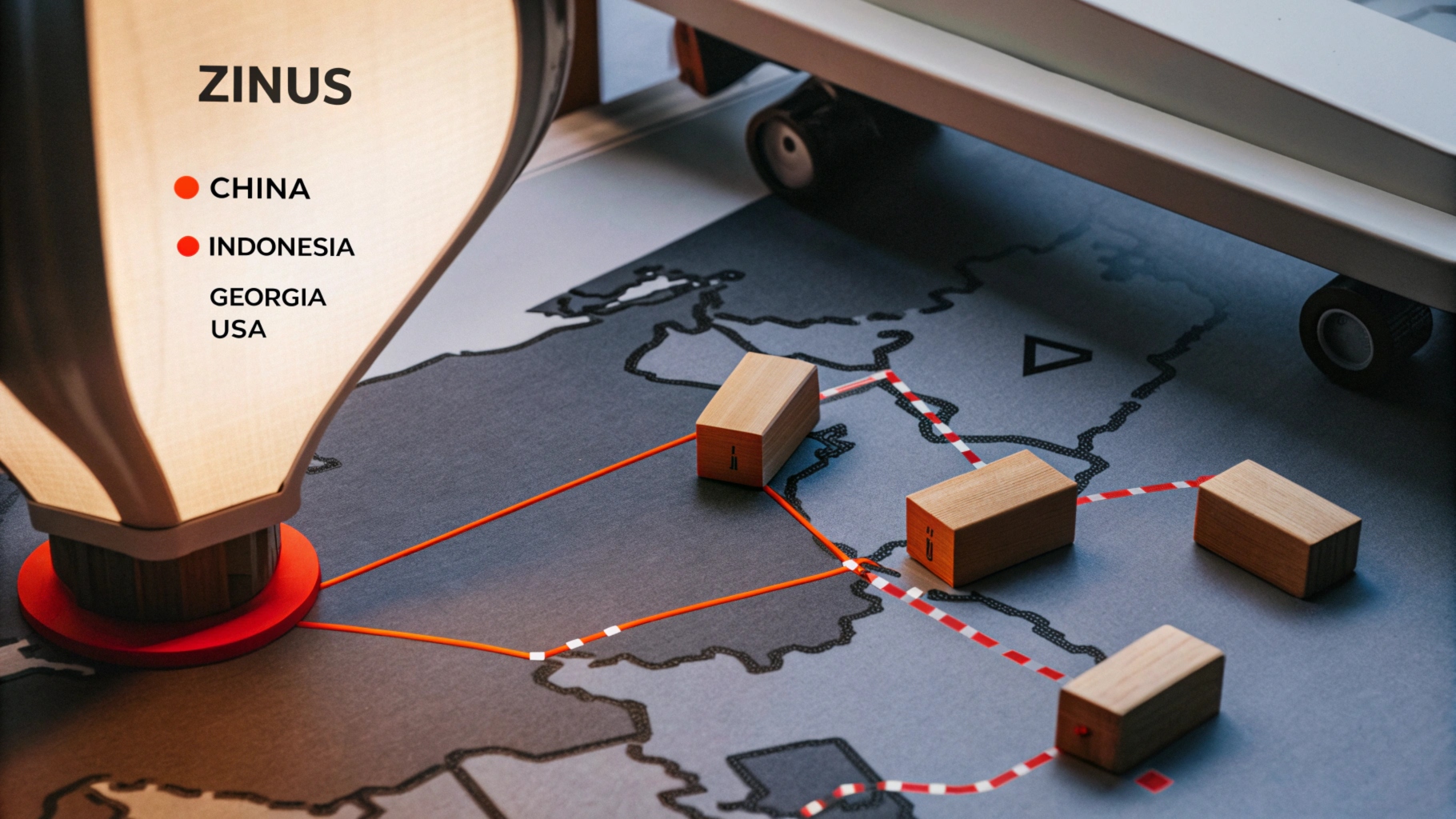 A map with red lines connecting China, Indonesia, and Georgia, USA, with wooden blocks and a lamp.