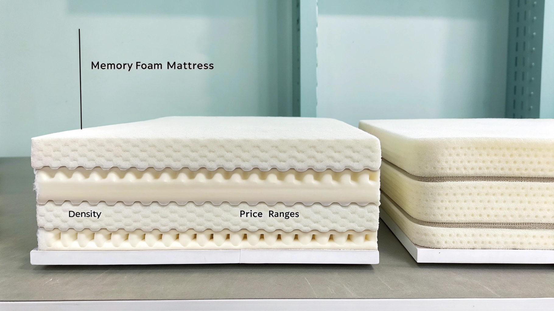 Memory foam mattress cross-section showing layered density and pricing details on display.