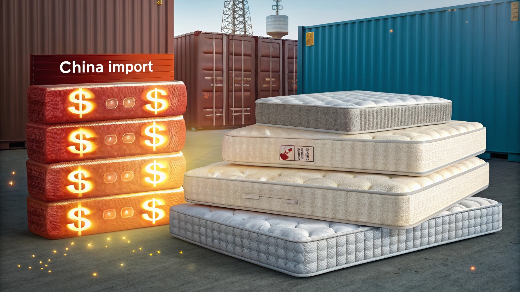 Stack of mattresses with glowing dollar signs near shipping containers labeled "China import.